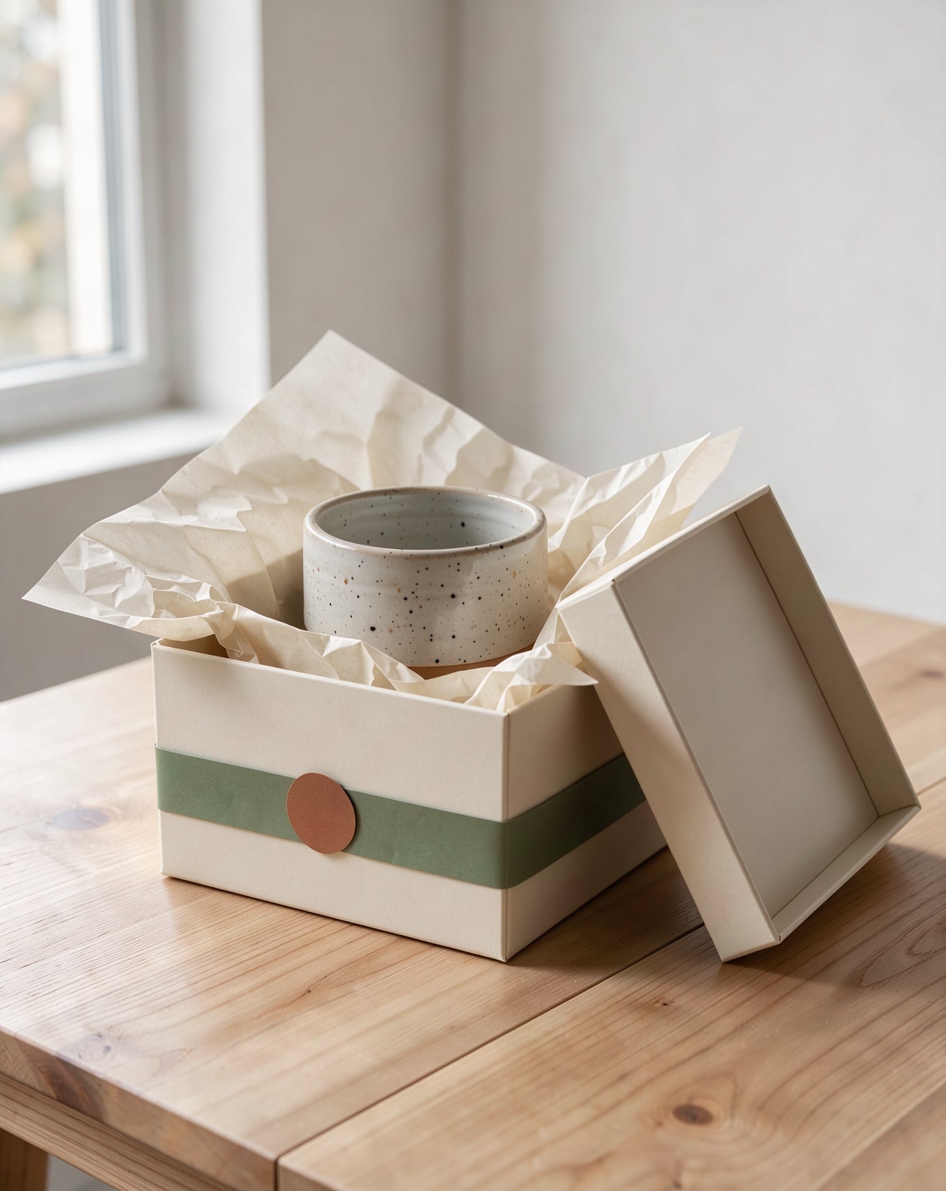A cream gift box with a sage paper band and a clay sticker, a speckled planter peeking out of tissue paper