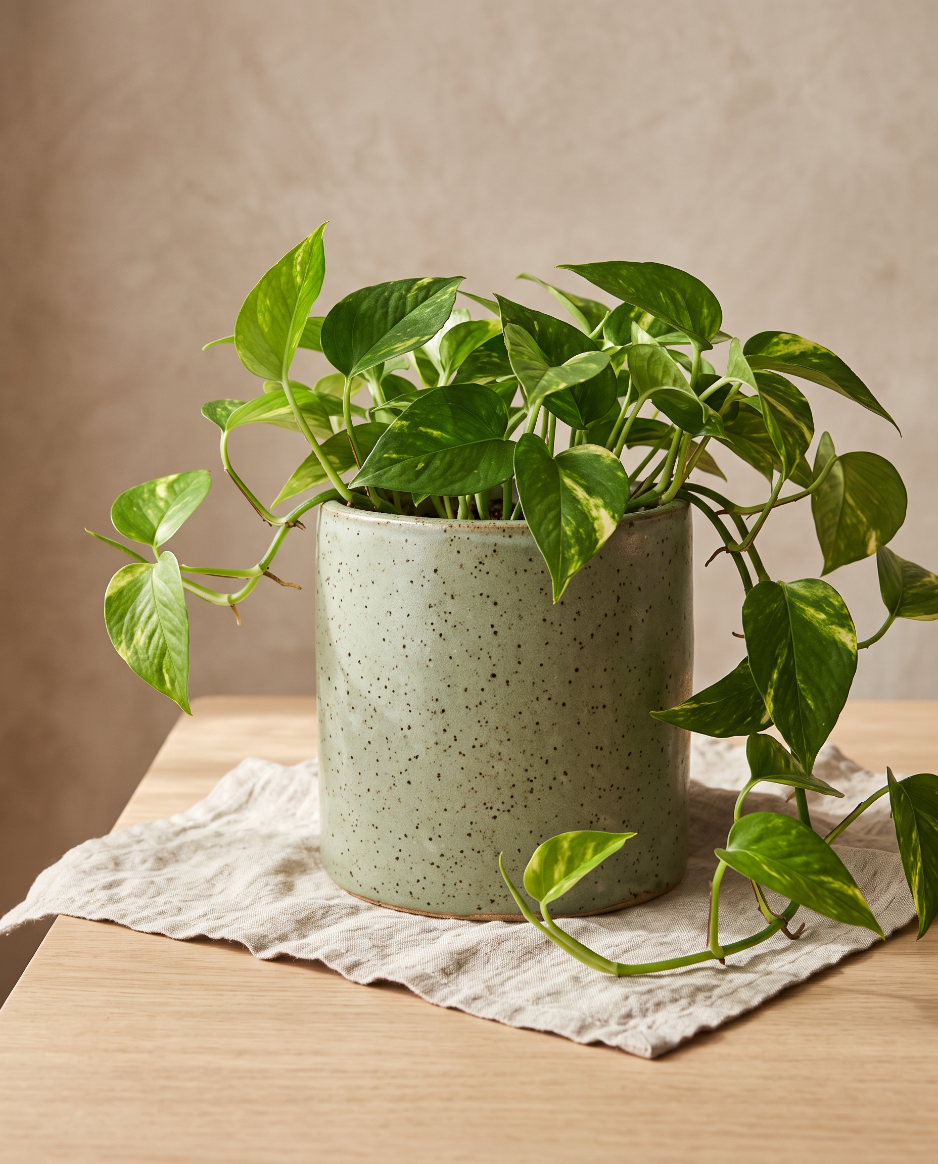 Nano Banana 2.1: a speckled sage green planter with a trailing pothos on a linen cloth and an oak table