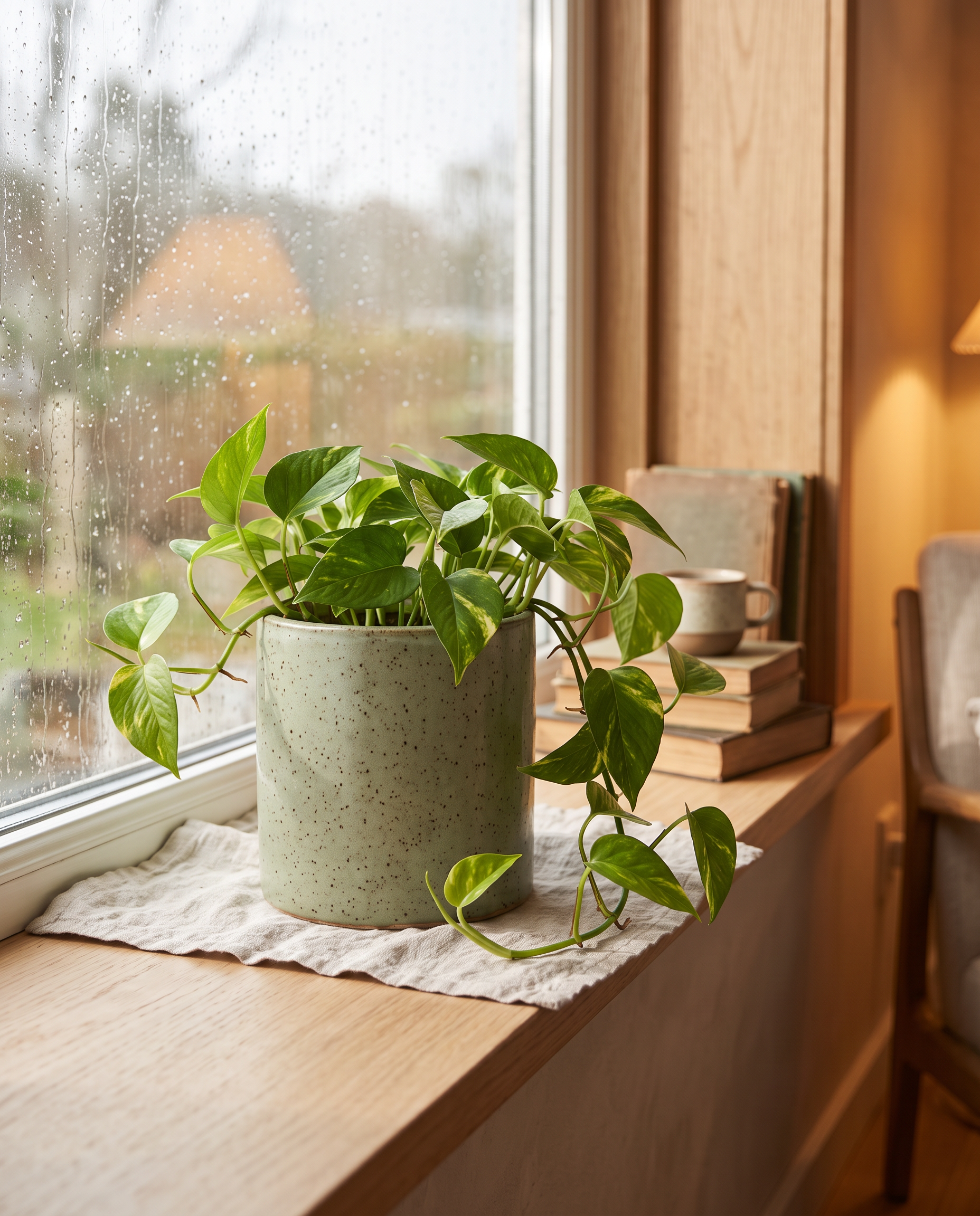 Nano Banana 2.1 with the hero as reference: the same planter on a rainy windowsill beside books and a cup