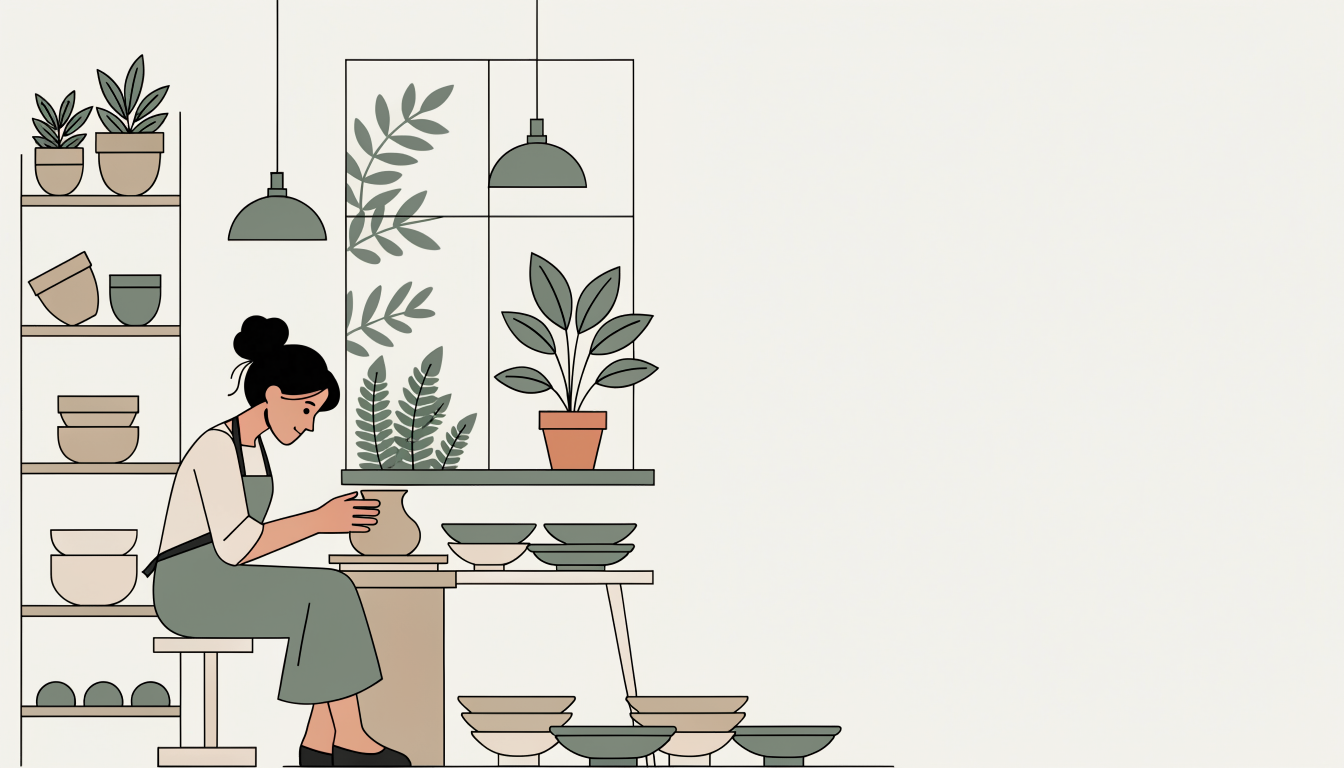 A flat vector banner of a potter at her wheel with shelves of planters and an open space for a headline