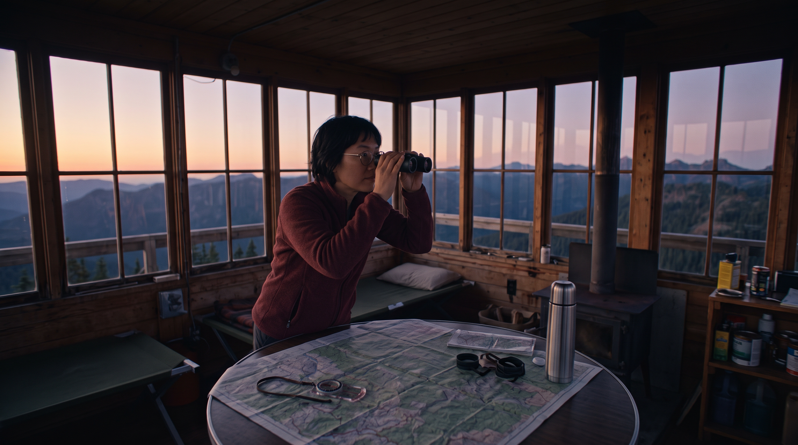 Frame 2, Nano Banana 2.1 with frame 1 as reference: the ranger at the round map table scanning the ridges with binoculars