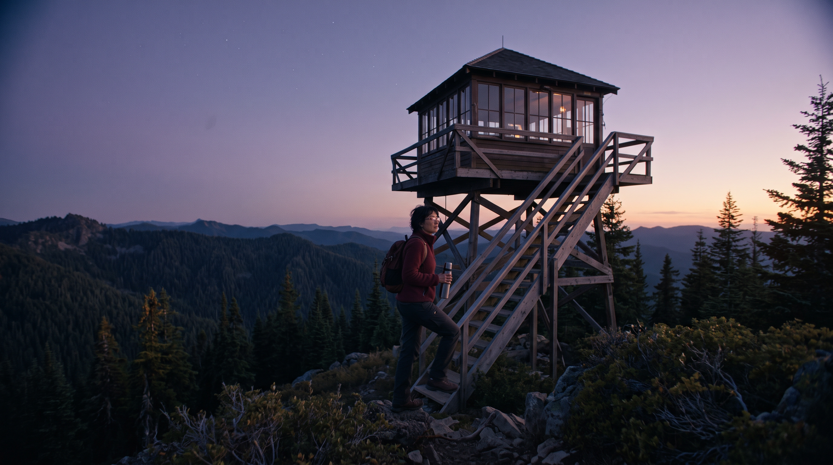 Frame 1, Nano Banana 2.1: a wooden fire lookout tower on a ridge at dusk with the ranger at the foot of its stairs