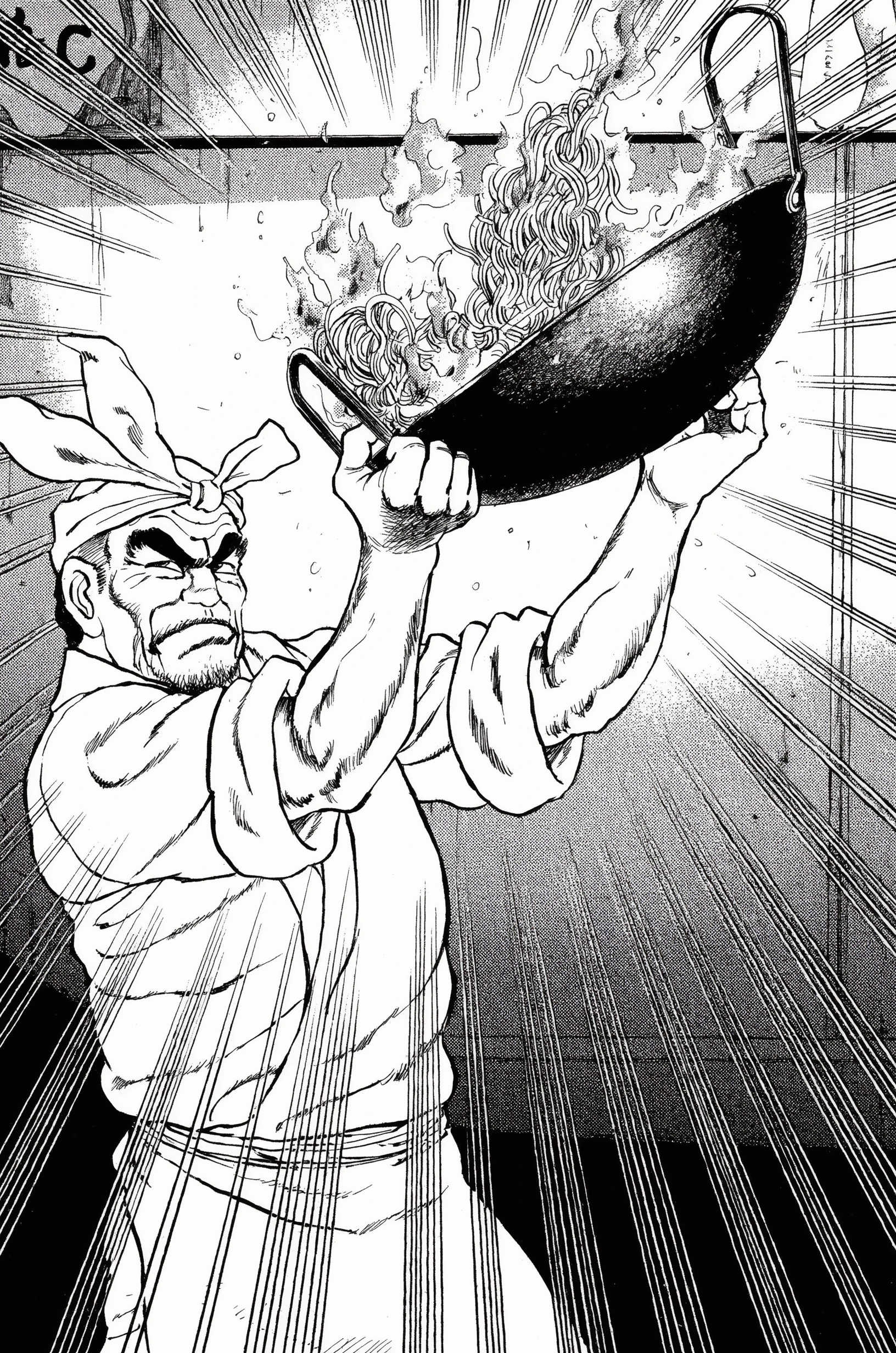 Black and white manga panel of a stocky chef in a knotted headband heaving a flaming wok of noodles over his head with both hands, speed lines radiating behind him and screentone shading