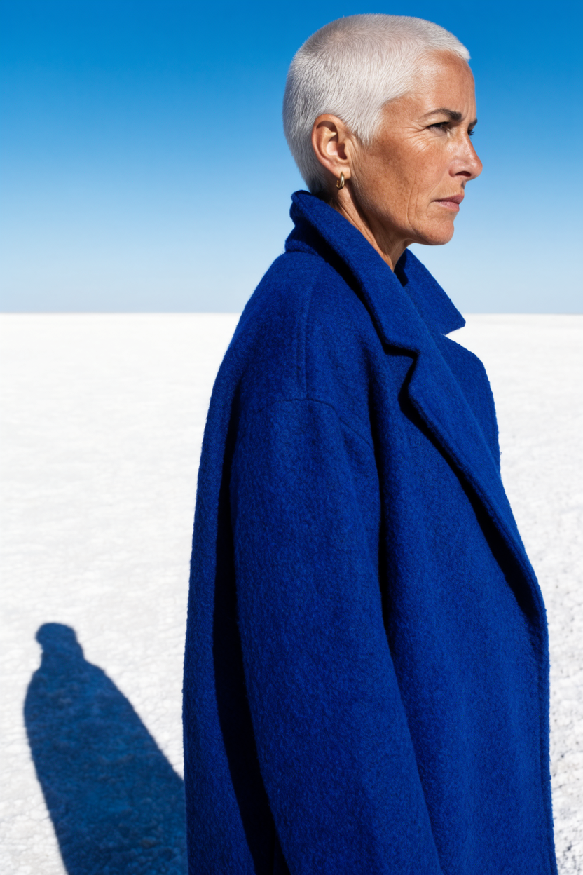 Krea Image Large portrait: a silver haired woman in a cobalt wool coat seen in profile against a saturated blue sky over a white salt flat, a small gold hoop earring, a long shadow on the ground behind her