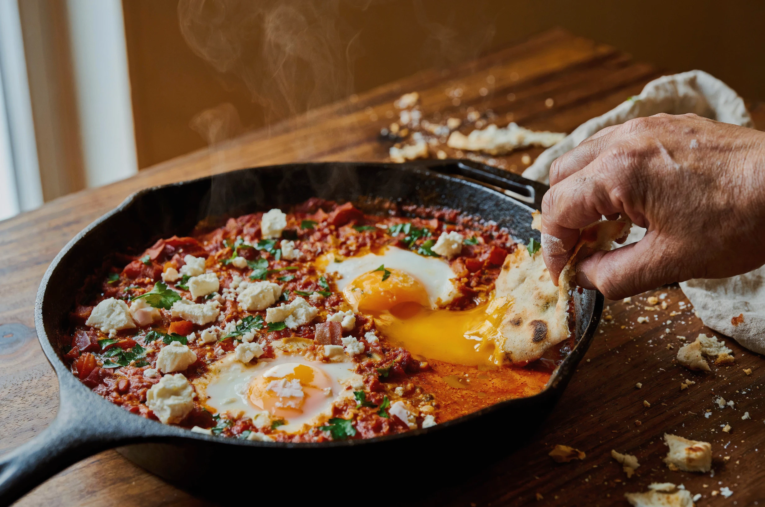 Cast iron pan of shakshuka with feta and parsley on a dark wood table near a window, a weathered hand dipping flatbread into a broken yolk, steam and scattered crumbs