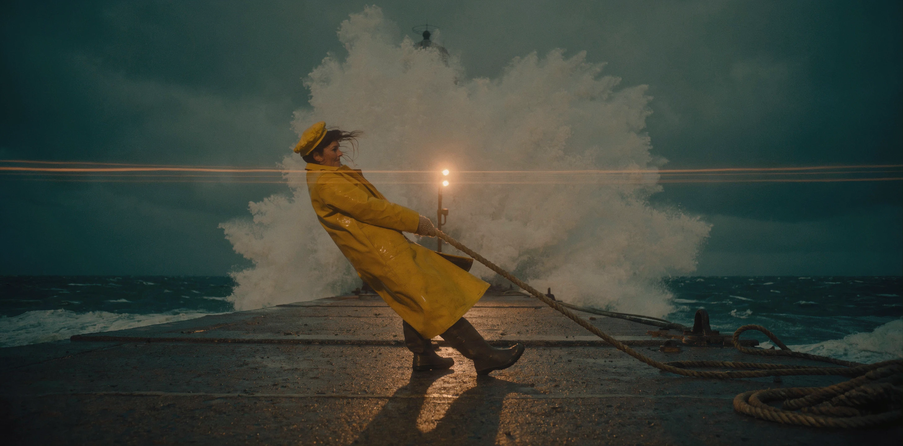 Wide cinematic still of a woman in a yellow oilskin coat and cap leaning back to haul a wet rope on a concrete pier while a huge wave bursts into white spray behind a lit lamp post, teal storm sky with thin amber lens flare lines