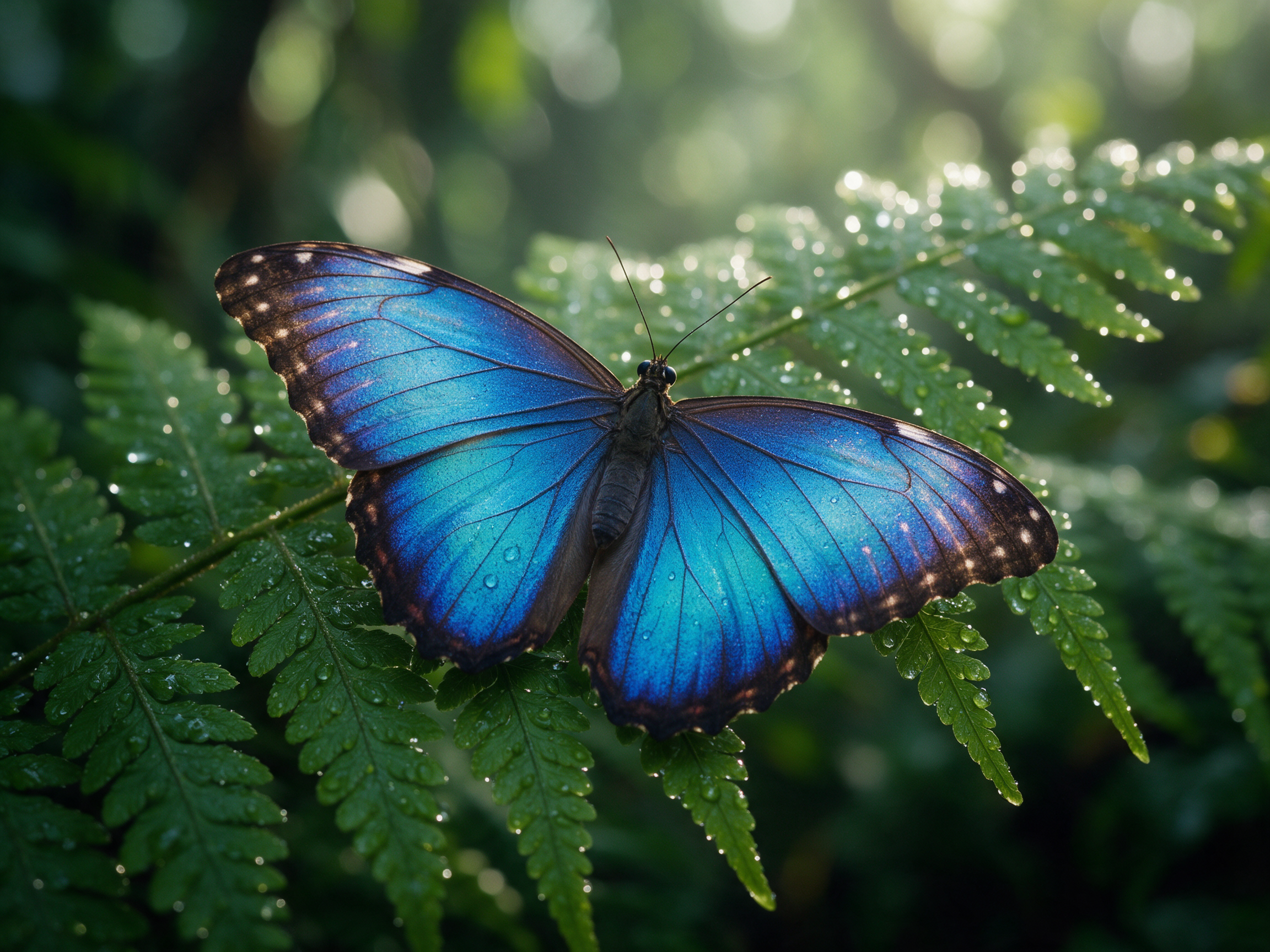 A blue morpho butterfly rests on a dew covered fern frond with green bokeh behind