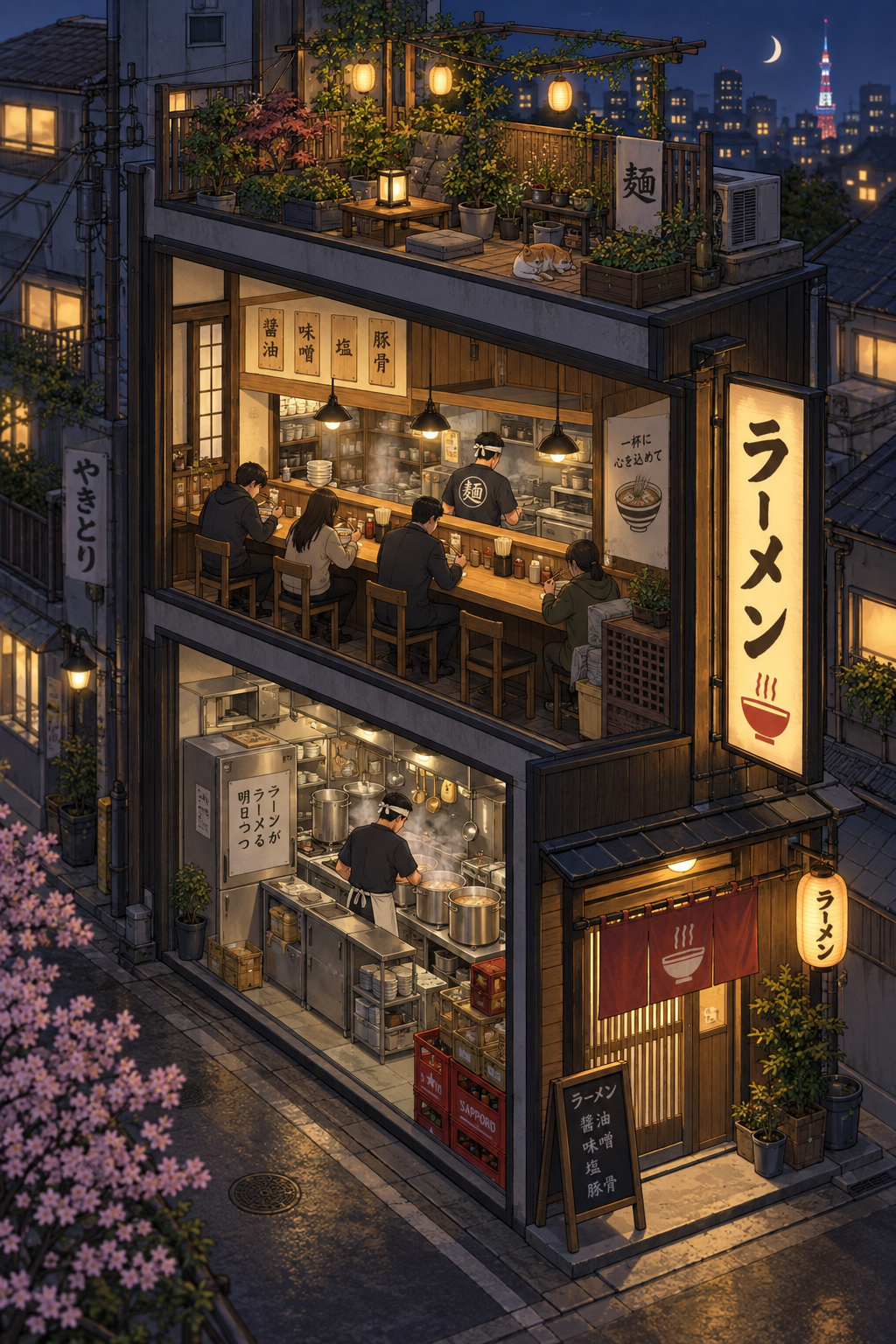 An isometric cutaway of a three story ramen shop at night with a kitchen, a counter of diners and a rooftop garden