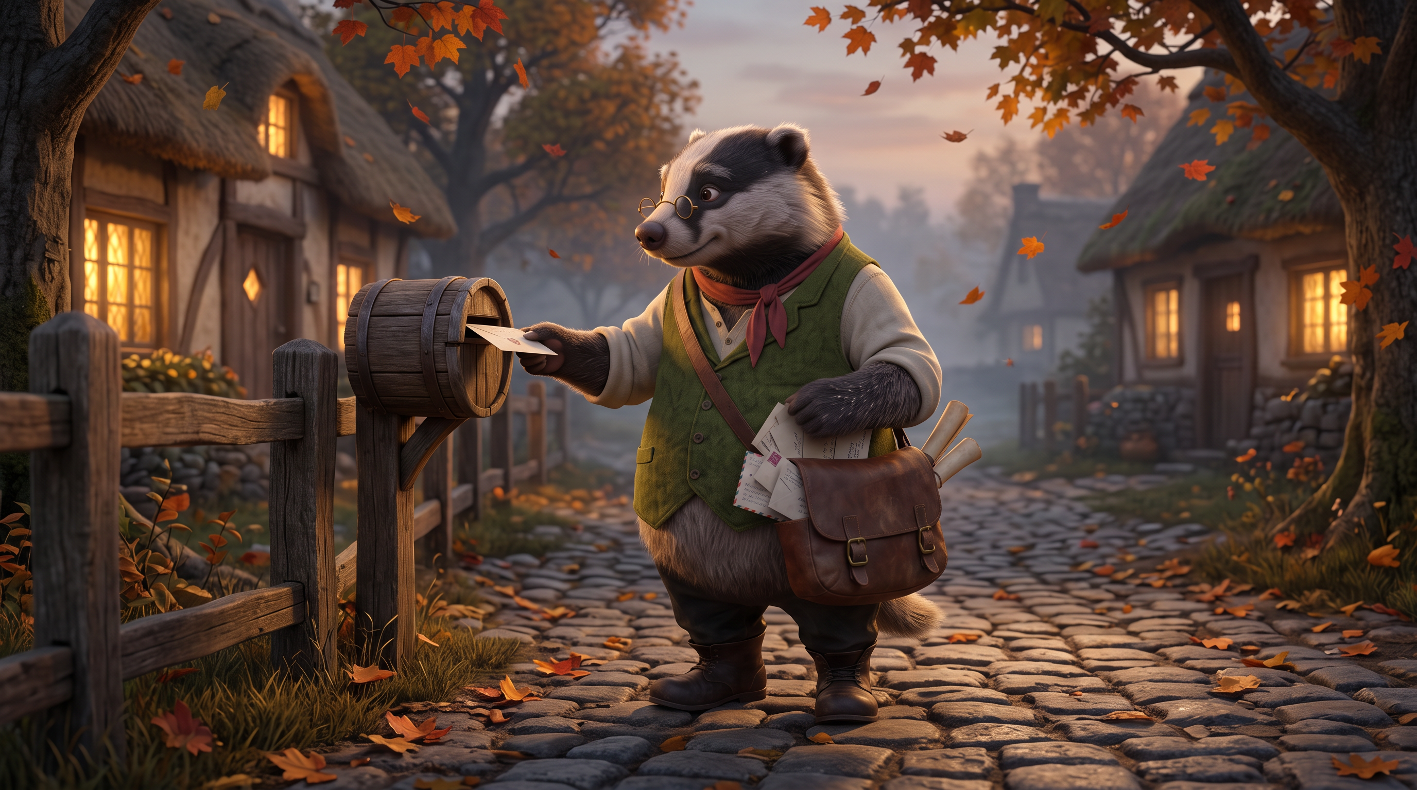 Scene one still: the same badger slips a letter into a round wooden mailbox on a cobbled lane at autumn dusk