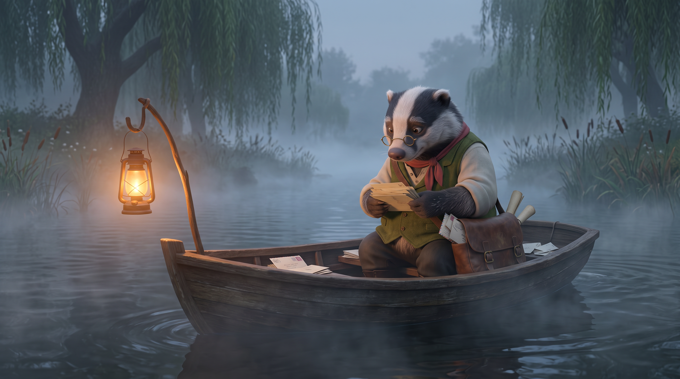 Scene two still: the same badger sorts letters in a small boat on a misty river, a lantern hanging at the bow
