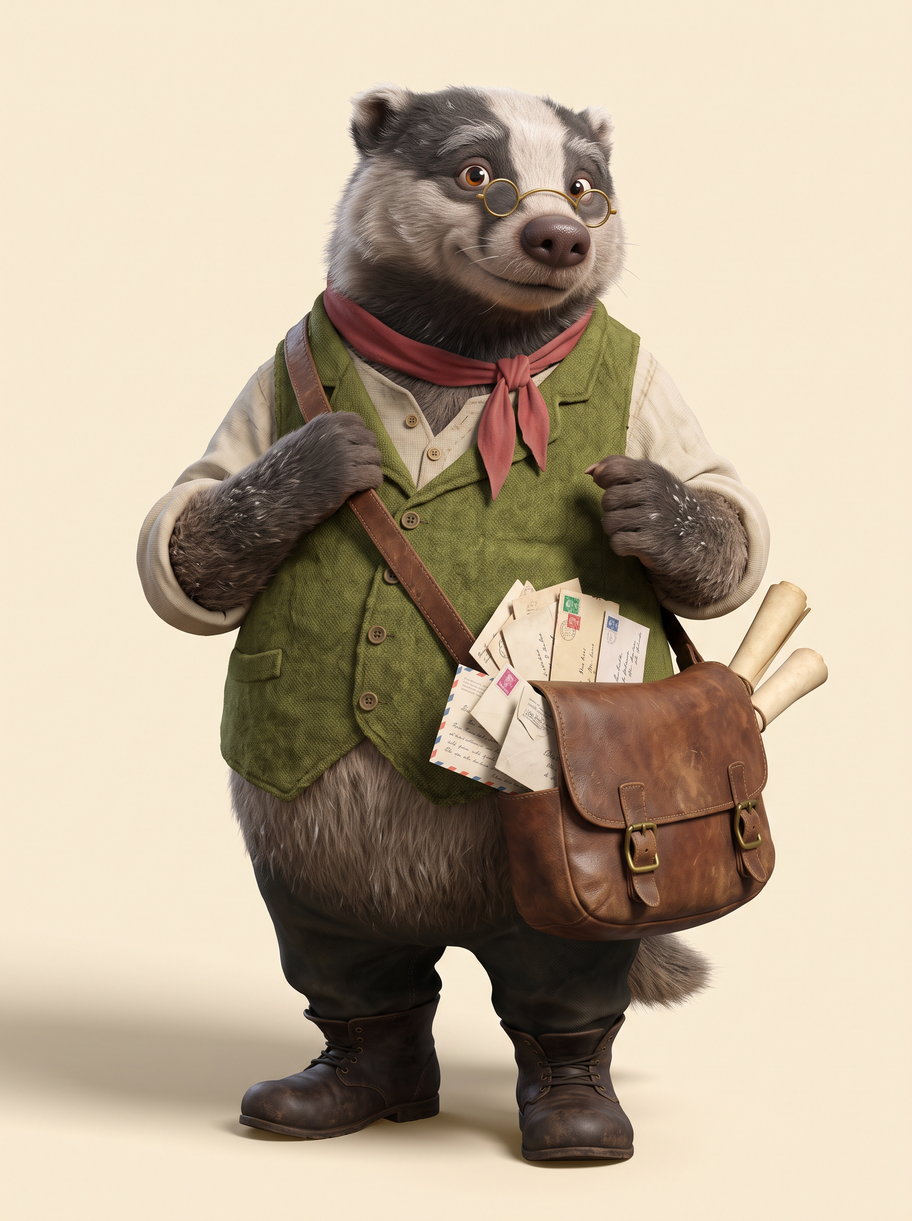 The character design: an elderly badger postmaster with brass spectacles, a moss green waistcoat, a red neckerchief and a satchel of letters