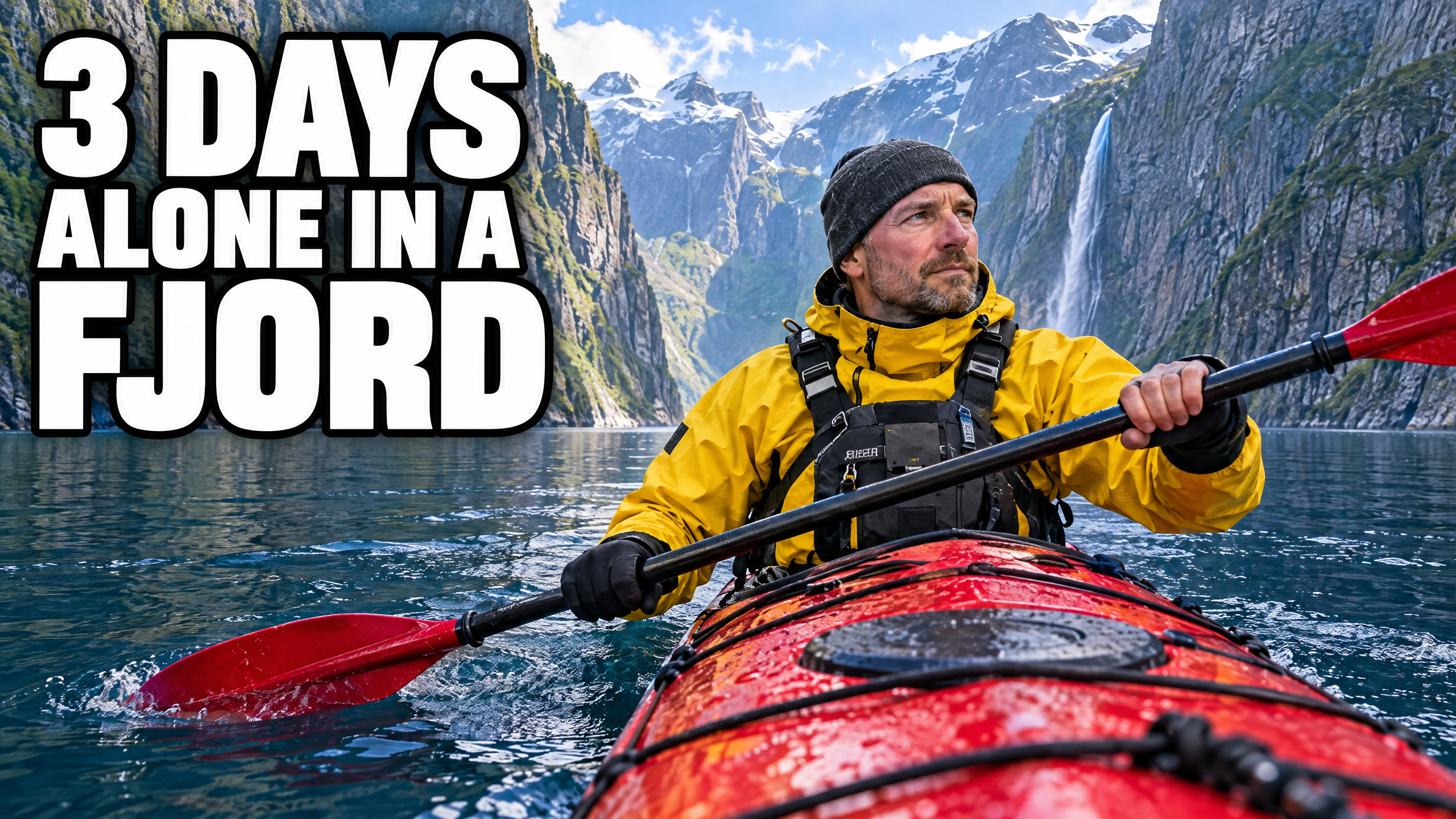 A video thumbnail of a man paddling a red kayak through a fjord beside the words 3 DAYS ALONE IN A FJORD