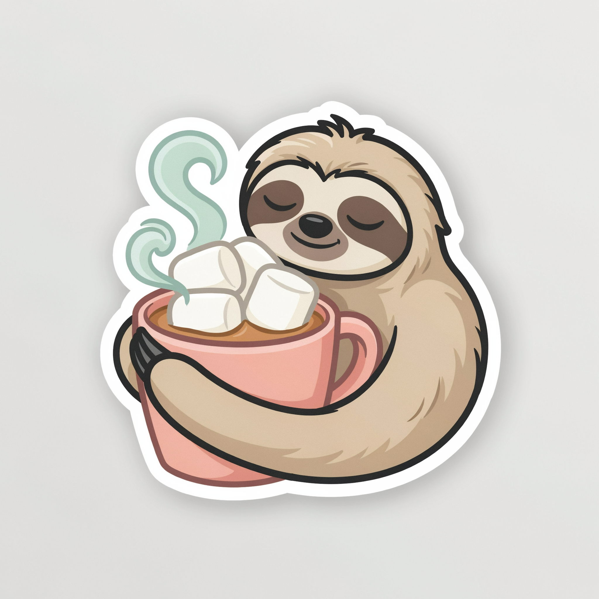 A die cut sticker of a sleepy sloth hugging a pink mug of cocoa with marshmallows