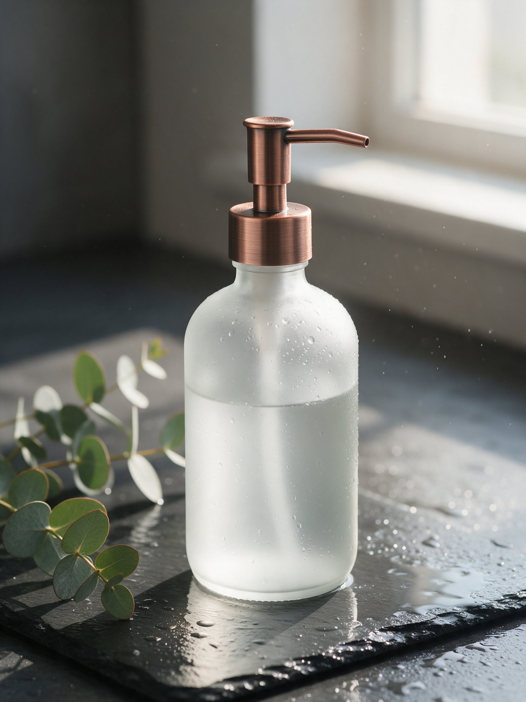 A frosted glass soap dispenser with a copper pump on wet slate beside eucalyptus sprigs