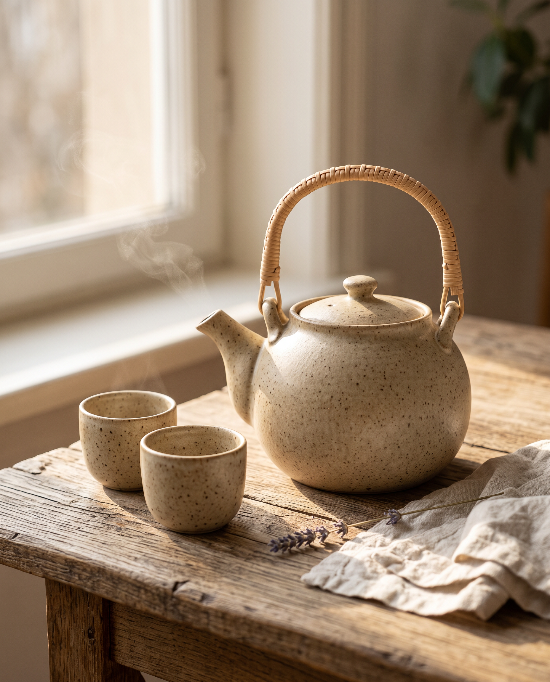 Step two: the same teapot on a weathered oak table by a sunny window with two cups and a linen napkin