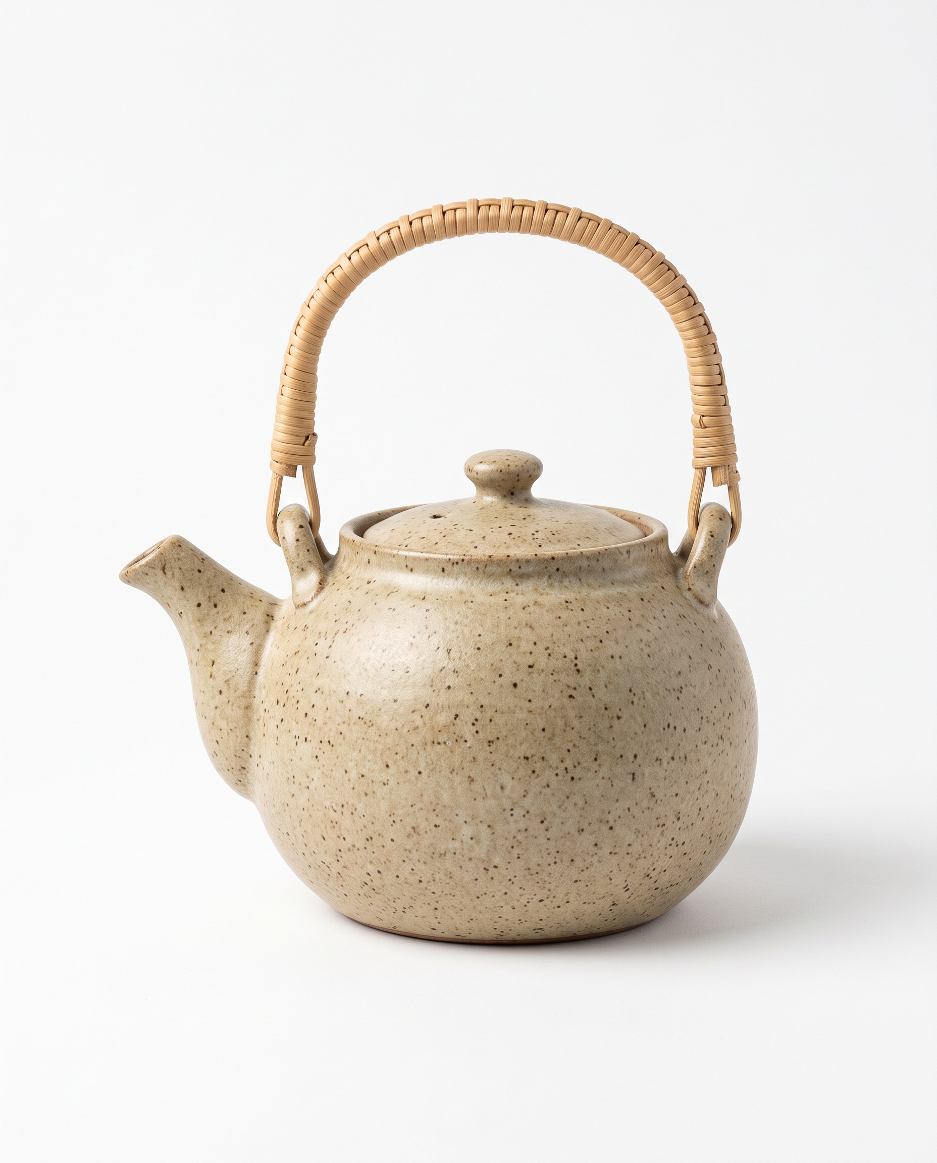 Step one: a speckled oatmeal stoneware teapot with a cane handle on a white background