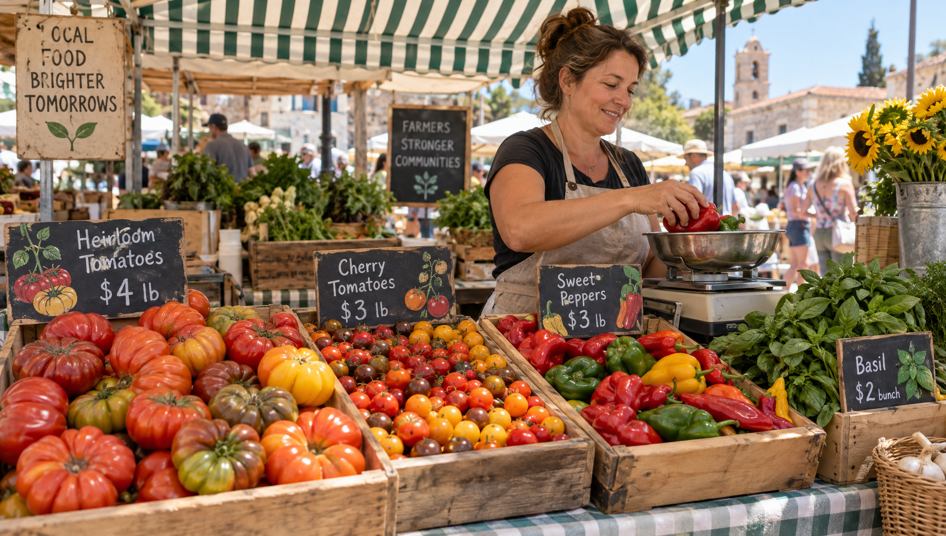 A market vendor weighs peppers at a stall of heirloom tomatoes under a striped awning