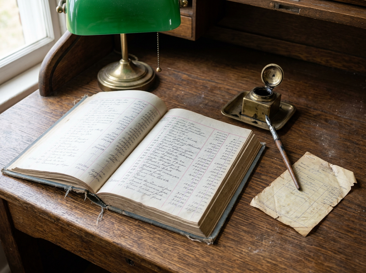 The original: an open ledger with handwritten columns, a brass inkwell and a green lamp on an oak desk