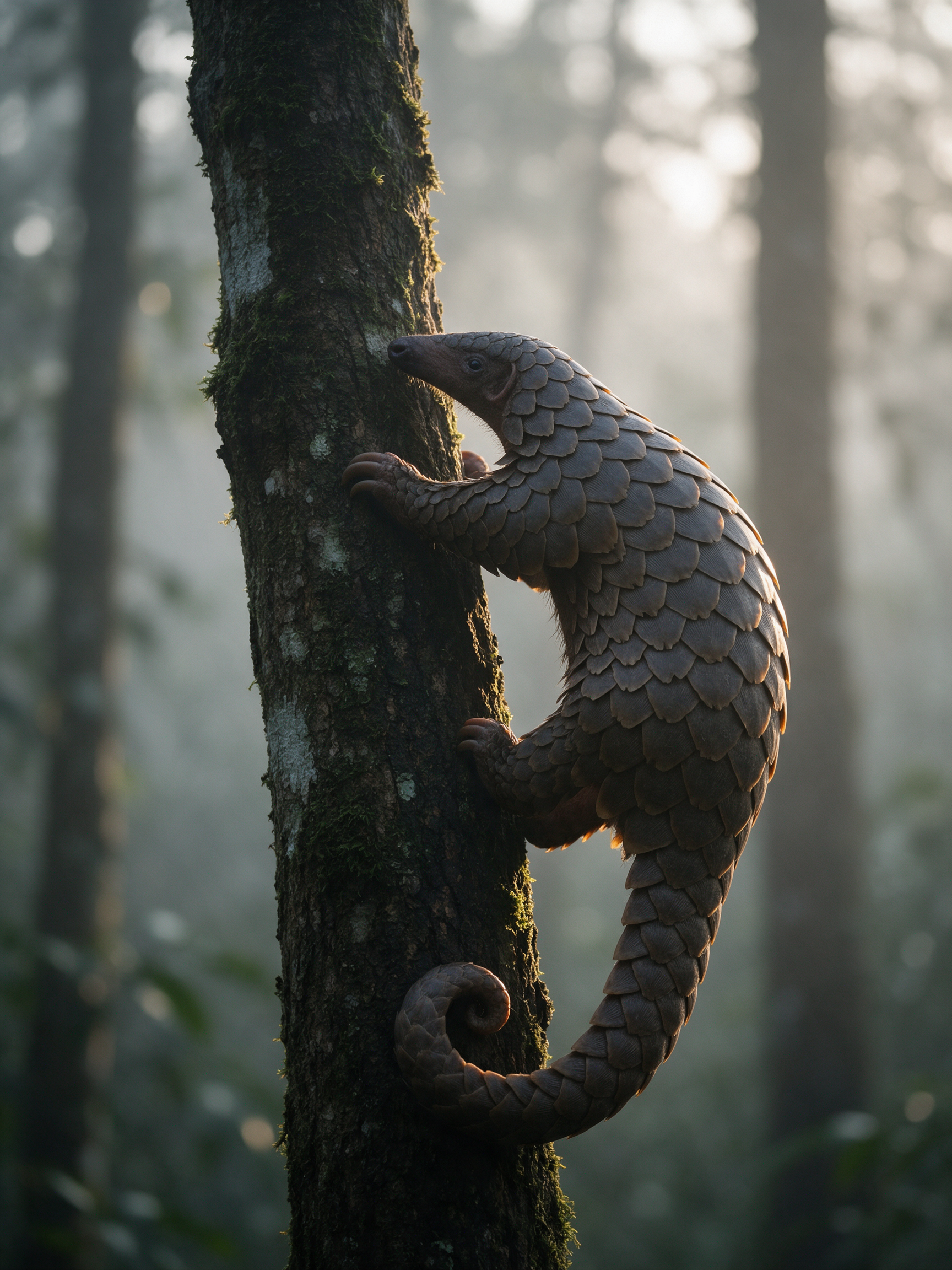 A pangolin climbs a mossy tree trunk in a misty forest at first light with rim light on its scales