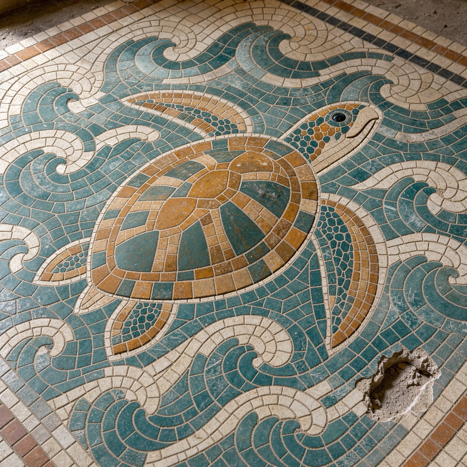 A floor mosaic of a sea turtle in teal and ochre stone tiles with a small chip near one corner