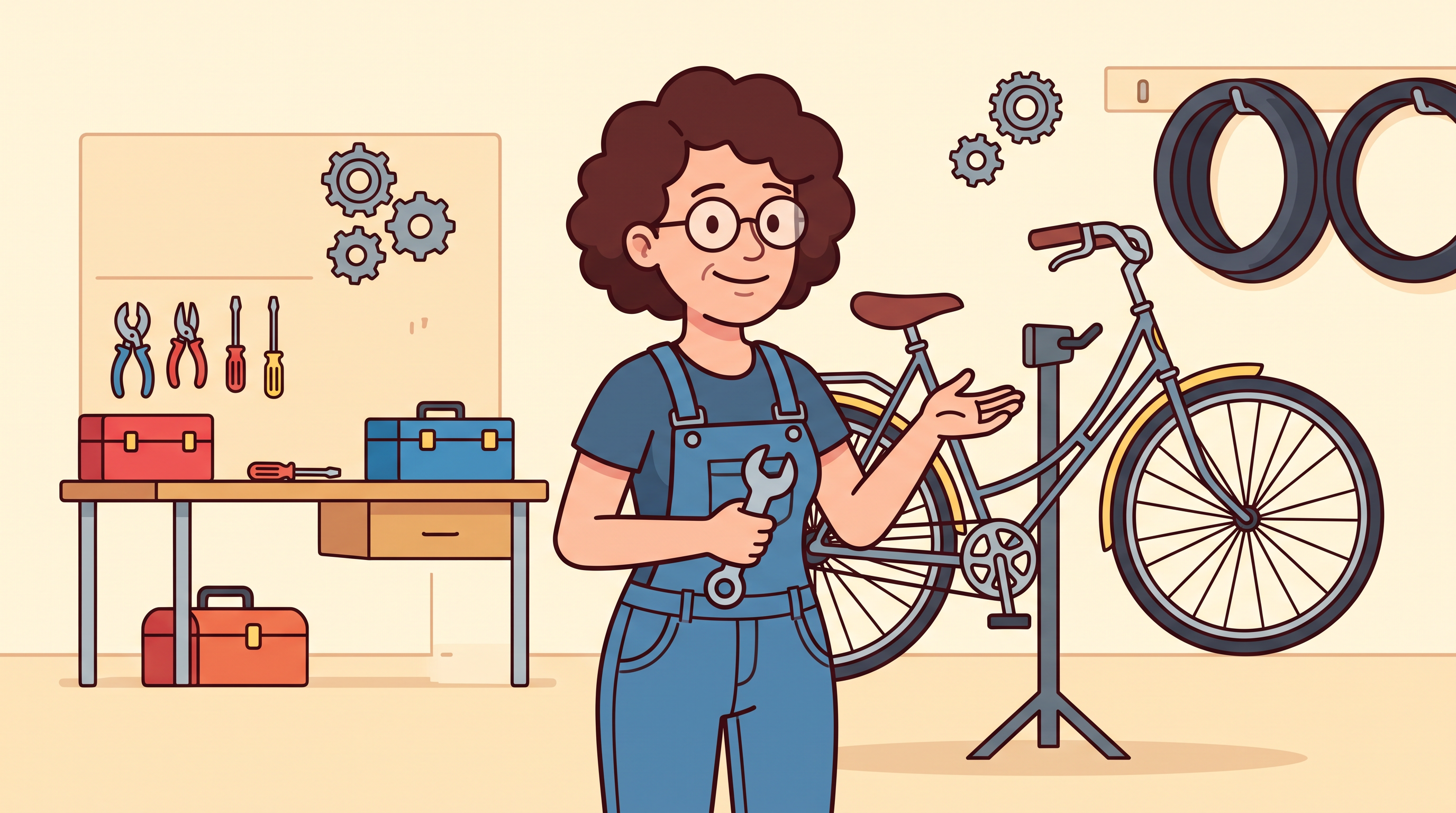The host still: a flat 2D bike mechanic holds a wrench beside a bicycle in a cream colored workshop