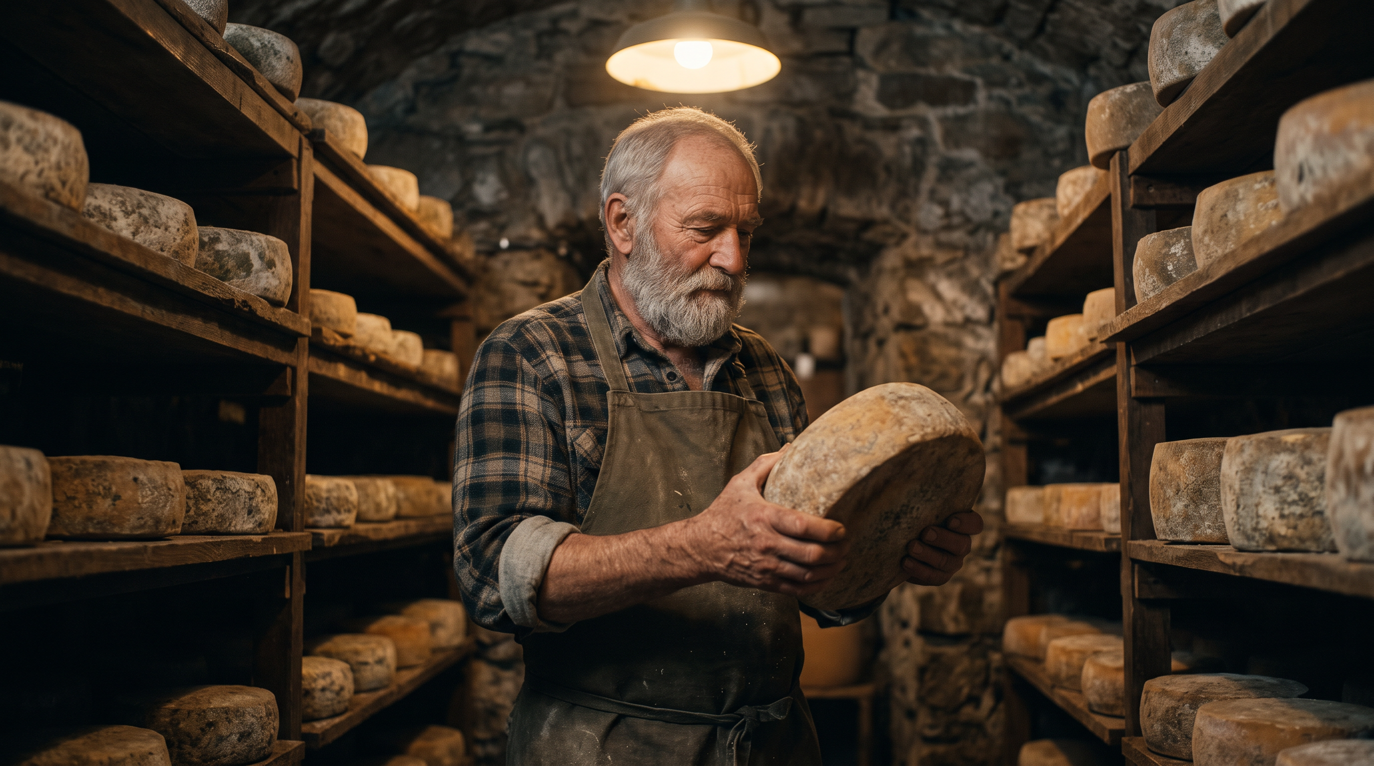 A cheesemaker in his sixties with a grey beard holds a round cheese wheel in a stone cellar lined with shelves
