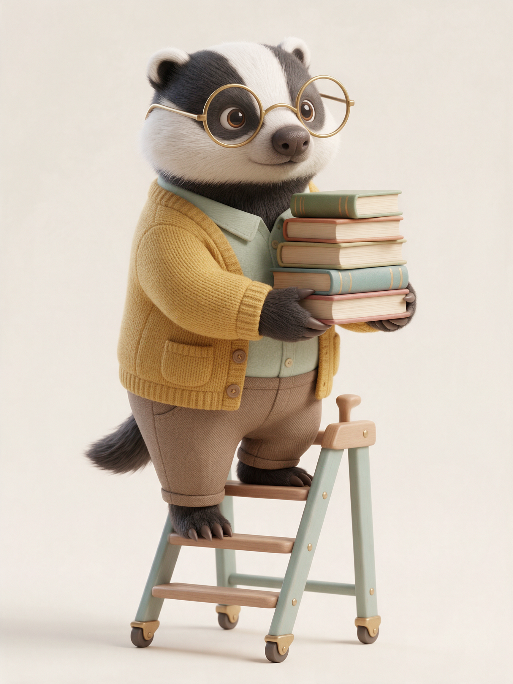 A 3D badger in round glasses and a mustard cardigan holds a stack of books on a small rolling ladder