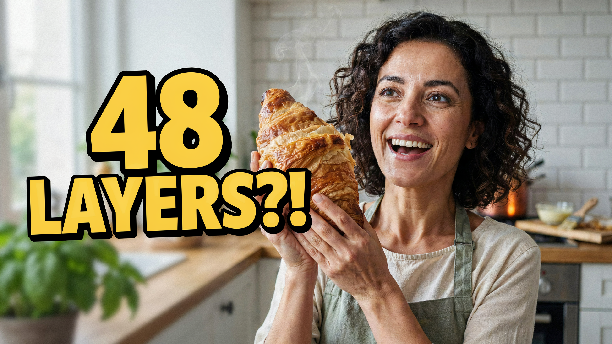 A woman with curly hair holds up a giant croissant beside bold yellow text reading 48 LAYERS?!