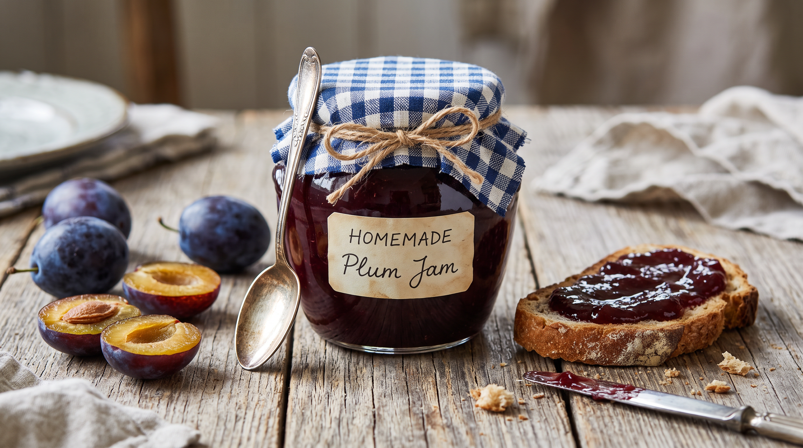A glass jar labeled Homemade Plum Jam with a checked lid, halved plums, a spoon and toast on weathered wood
