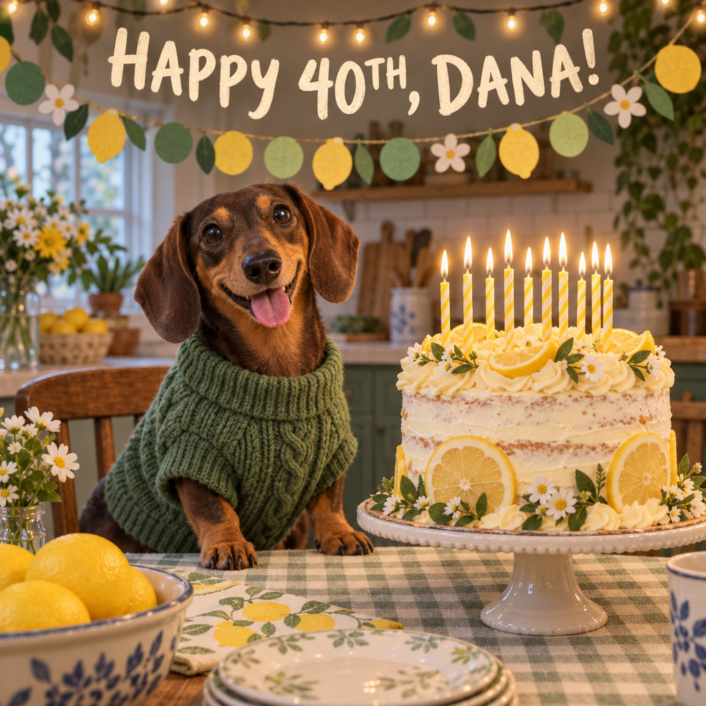 GPT Image 2.5: a photo real dachshund in a cable knit sweater beside a lemon cake on a stand, under lemon garlands