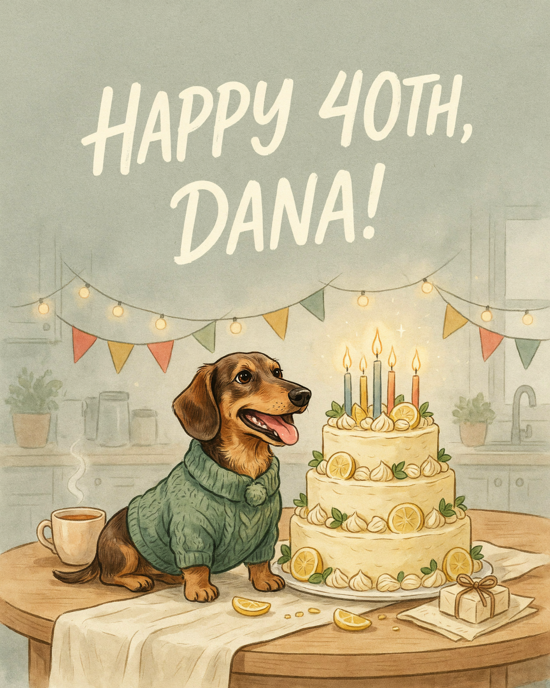 Ideogram 4.5: a soft pencil and watercolor card with big brush lettering and bunting over the kitchen
