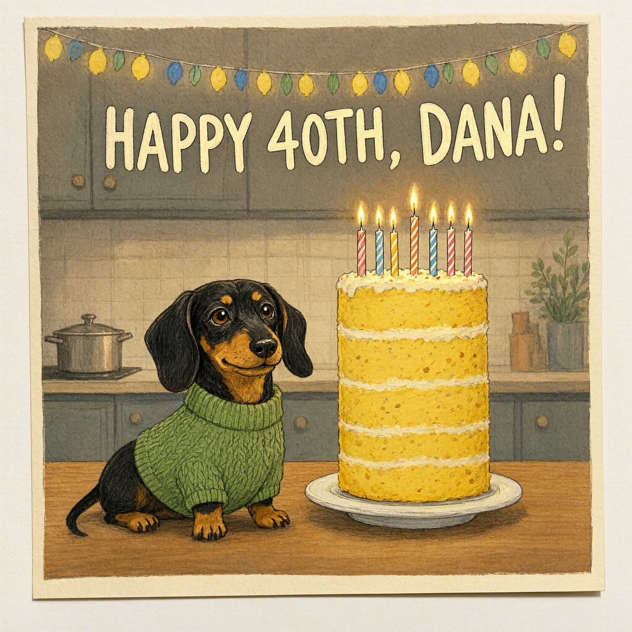 Qwen Image 2.1: a black and tan dachshund beside a tall yellow sponge cake, printed on a cream card