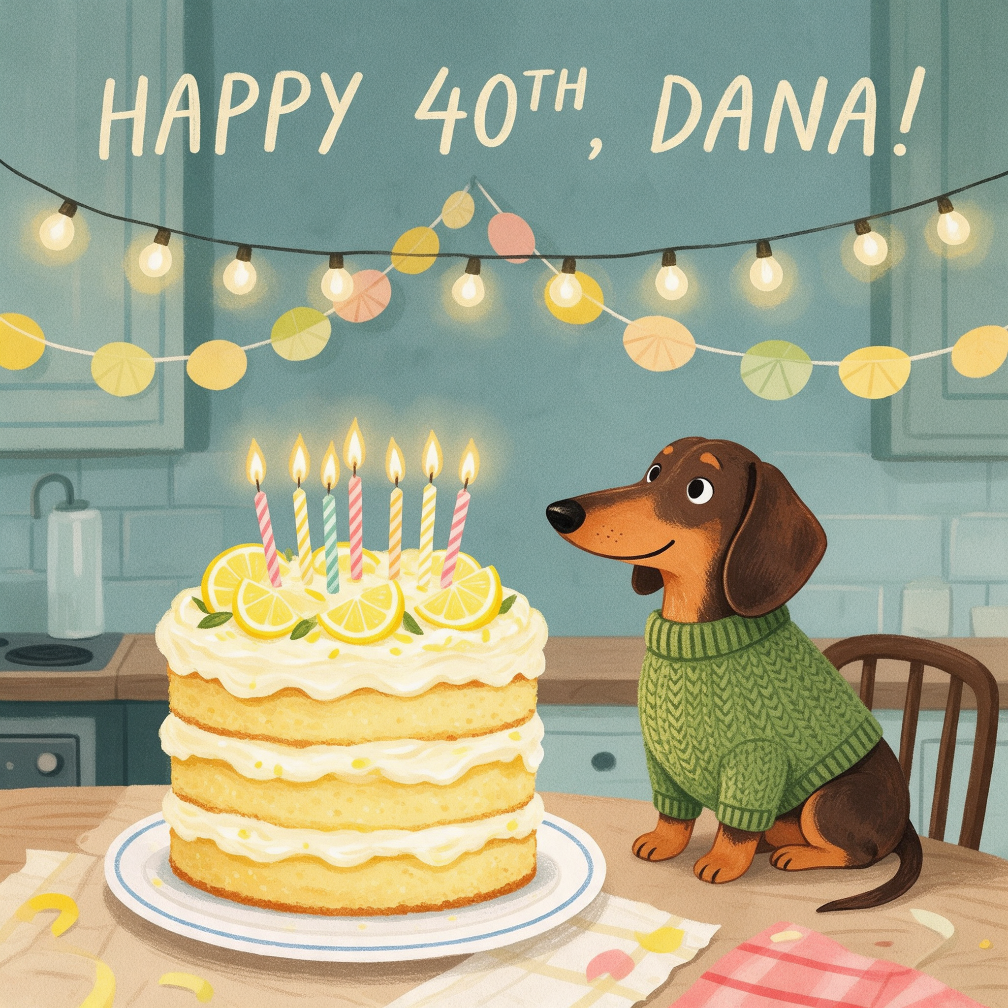 Seedream 5: a storybook teal kitchen, a three layer lemon cake and the dachshund looking up at the candles