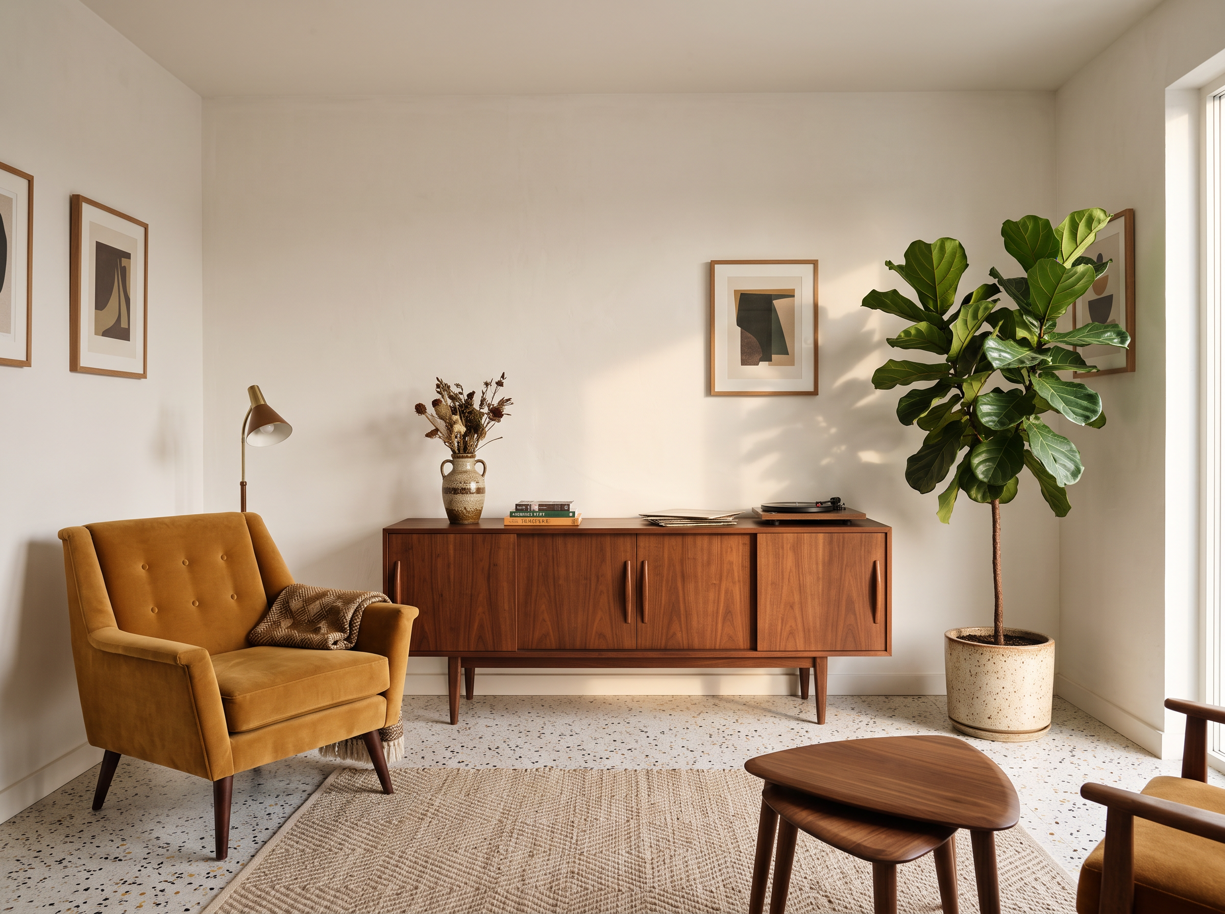 A bright living room with a mustard velvet armchair, a walnut sideboard, a fiddle leaf fig and a terrazzo floor
