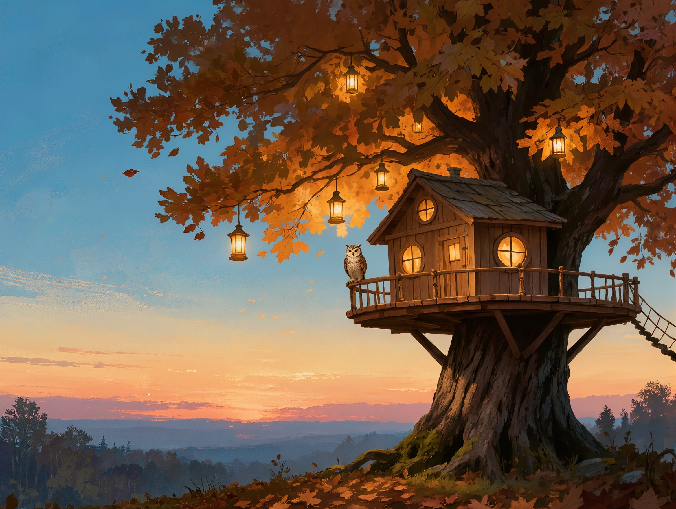 A storybook treehouse in an autumn oak at sunset with glowing windows, lanterns and an owl on the railing