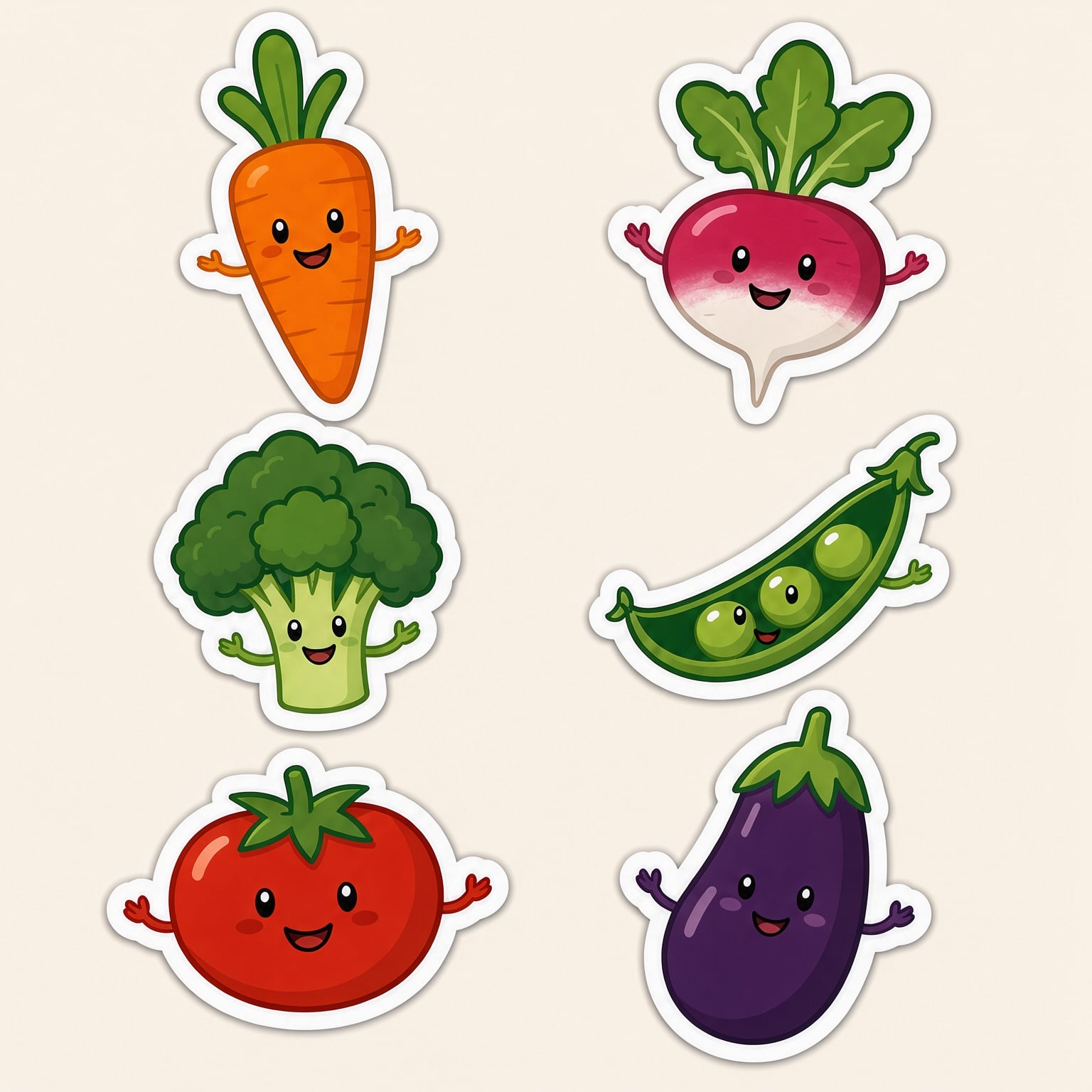 A sticker sheet of six smiling vegetables: a carrot, a radish, broccoli, a pea pod, a tomato and an eggplant