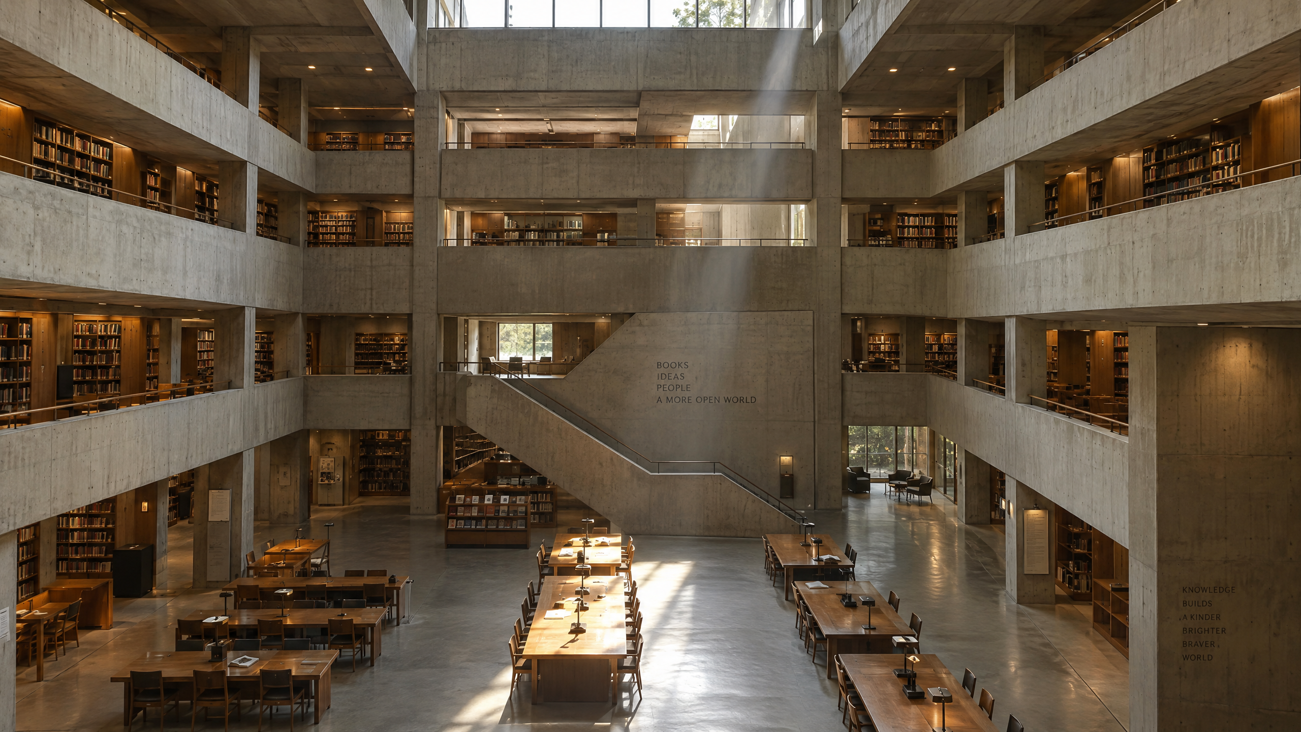 A brutalist concrete library atrium with warm wood shelves and a beam of afternoon light