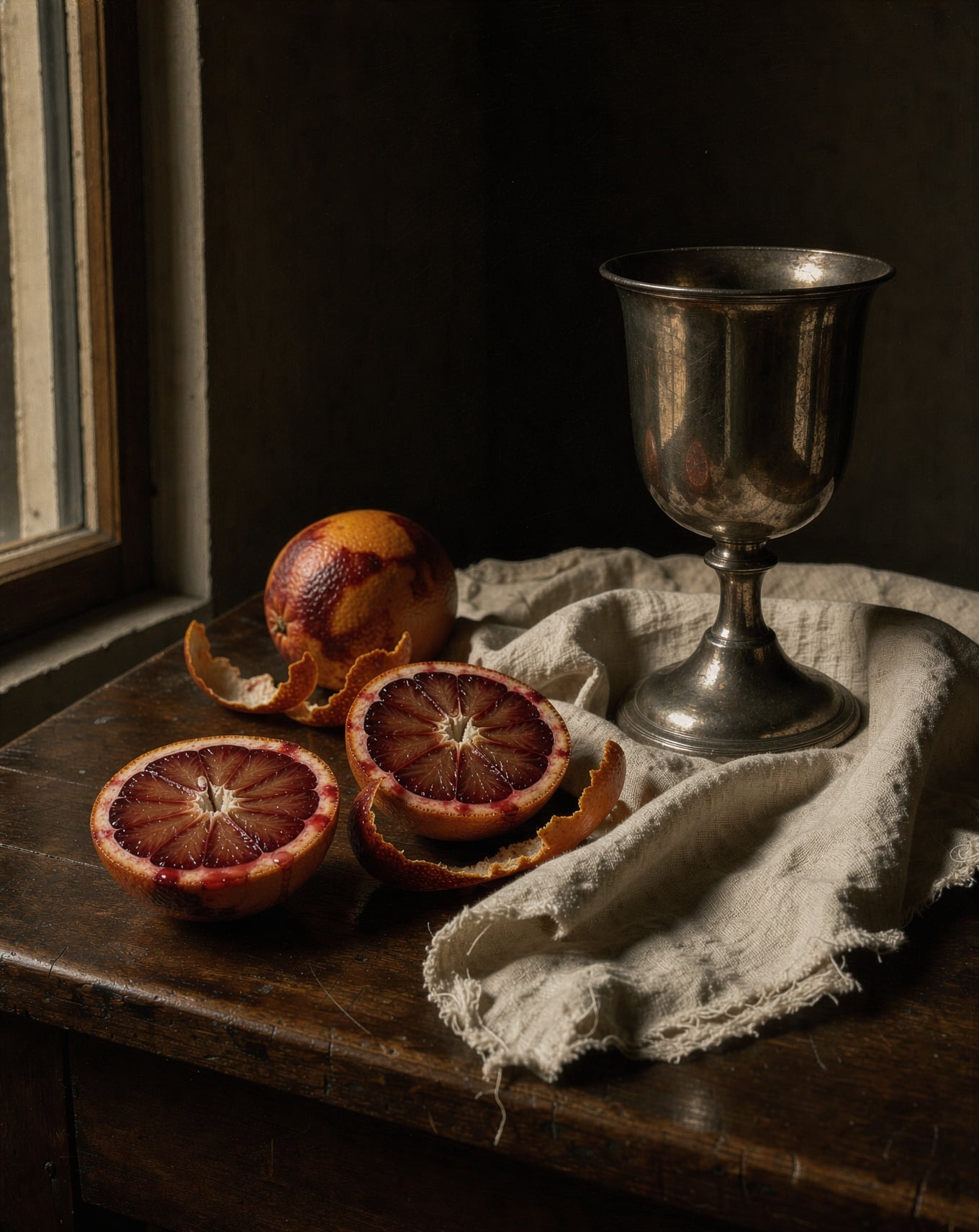 A Dutch master style still life with halved blood oranges and a silver goblet