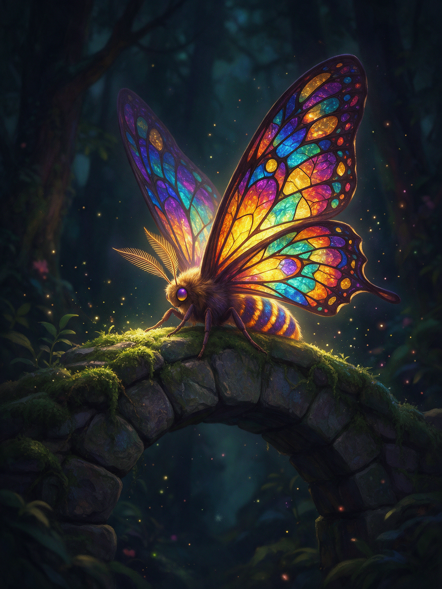 A giant luminous moth with stained glass wings on a mossy stone arch in a dark forest