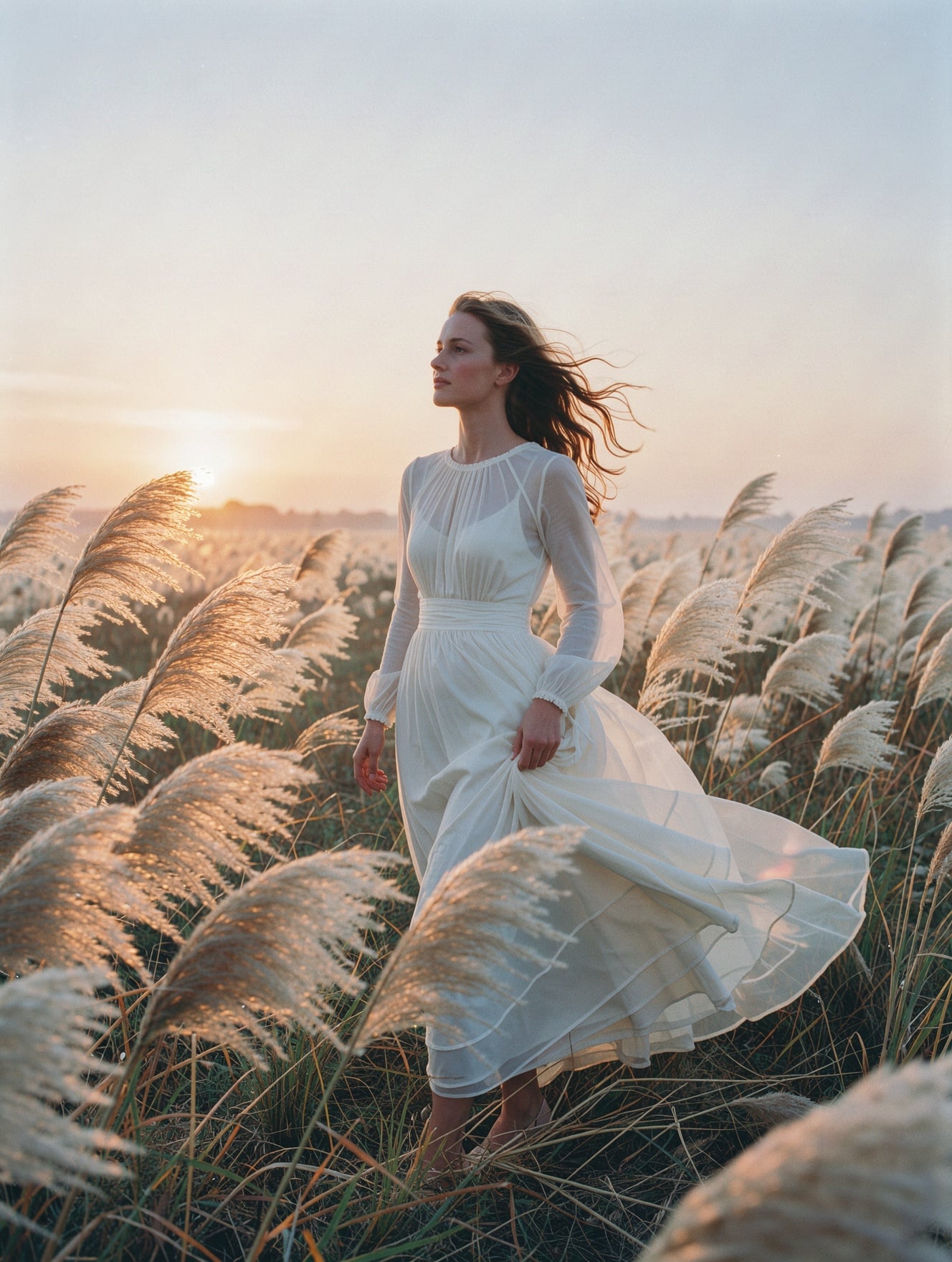 FLUX 3 Image: a woman in a white gown in pampas grass at golden hour