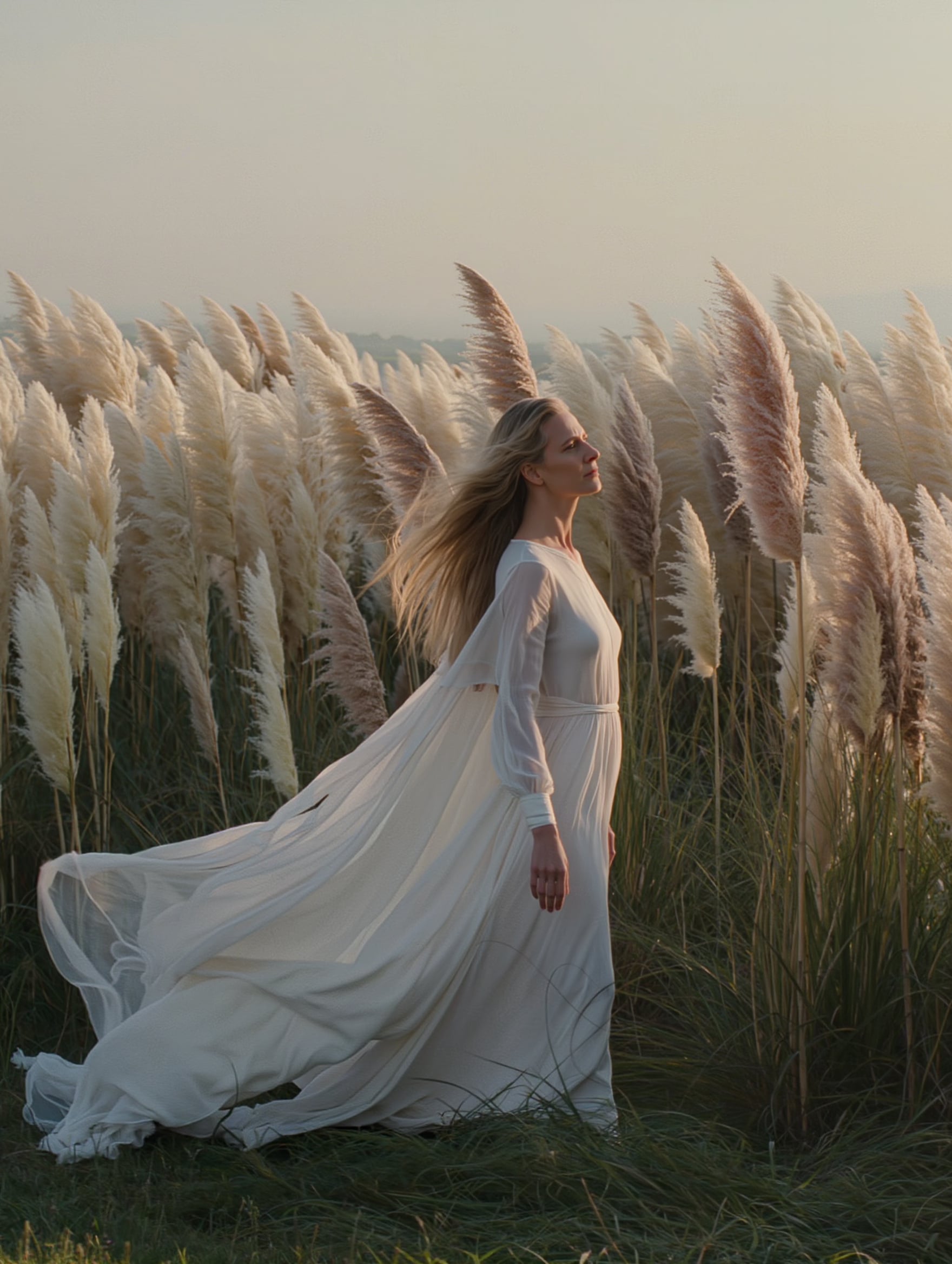 Kling Image: a woman in a white gown in pampas grass at golden hour