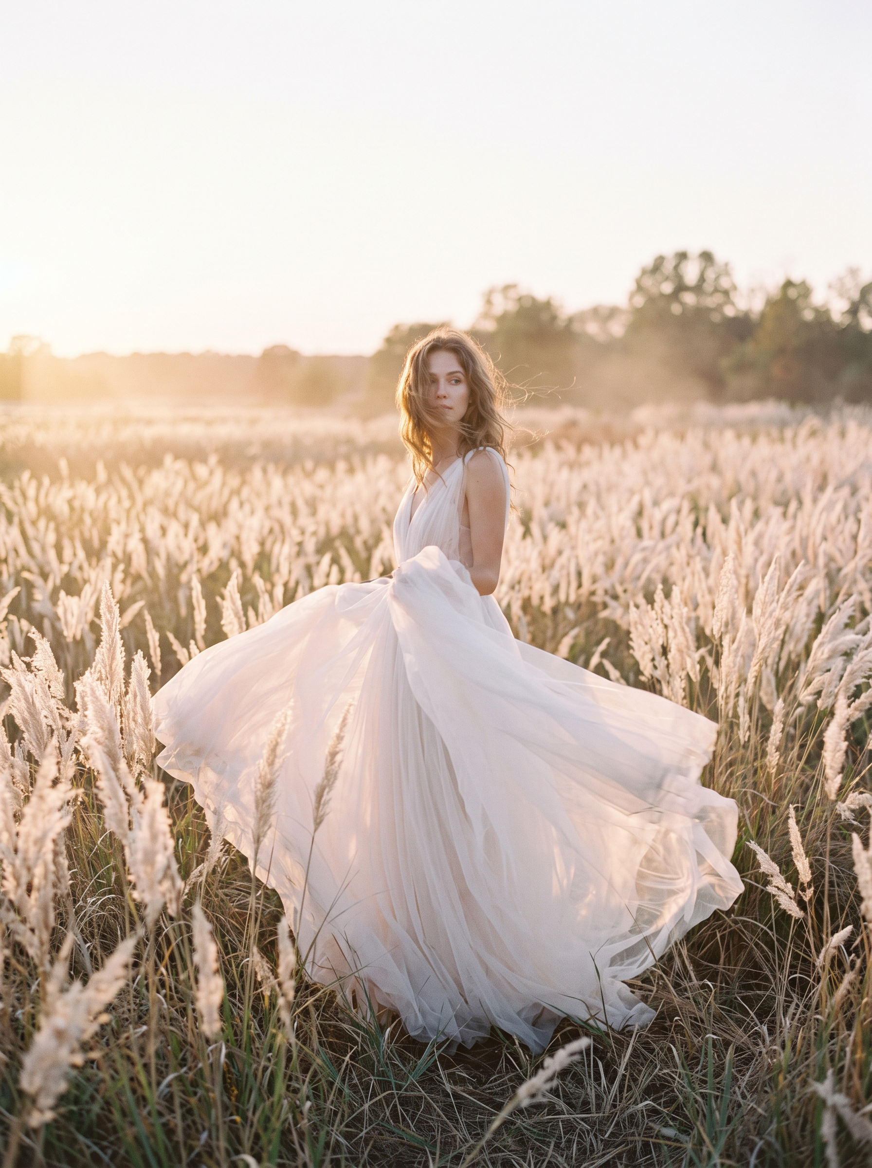 Nano Banana 2.1: a woman in a white gown in pampas grass at golden hour