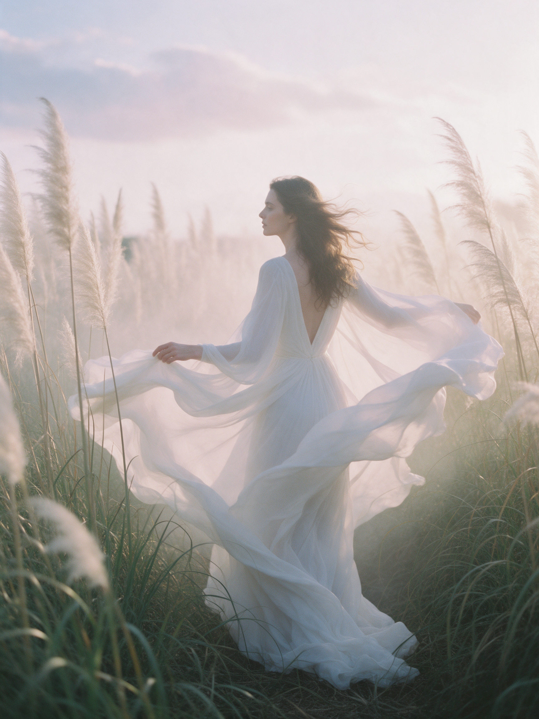 A woman in a flowing white gown stands in tall pampas grass at golden hour, fabric lifting in the wind