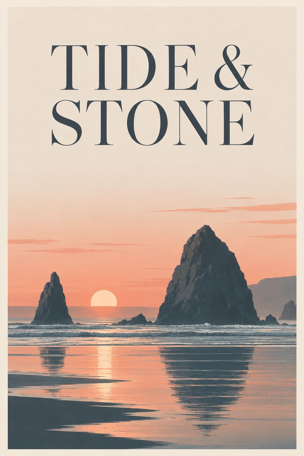 A minimalist travel poster reading TIDE & STONE above sea stacks at sunrise
