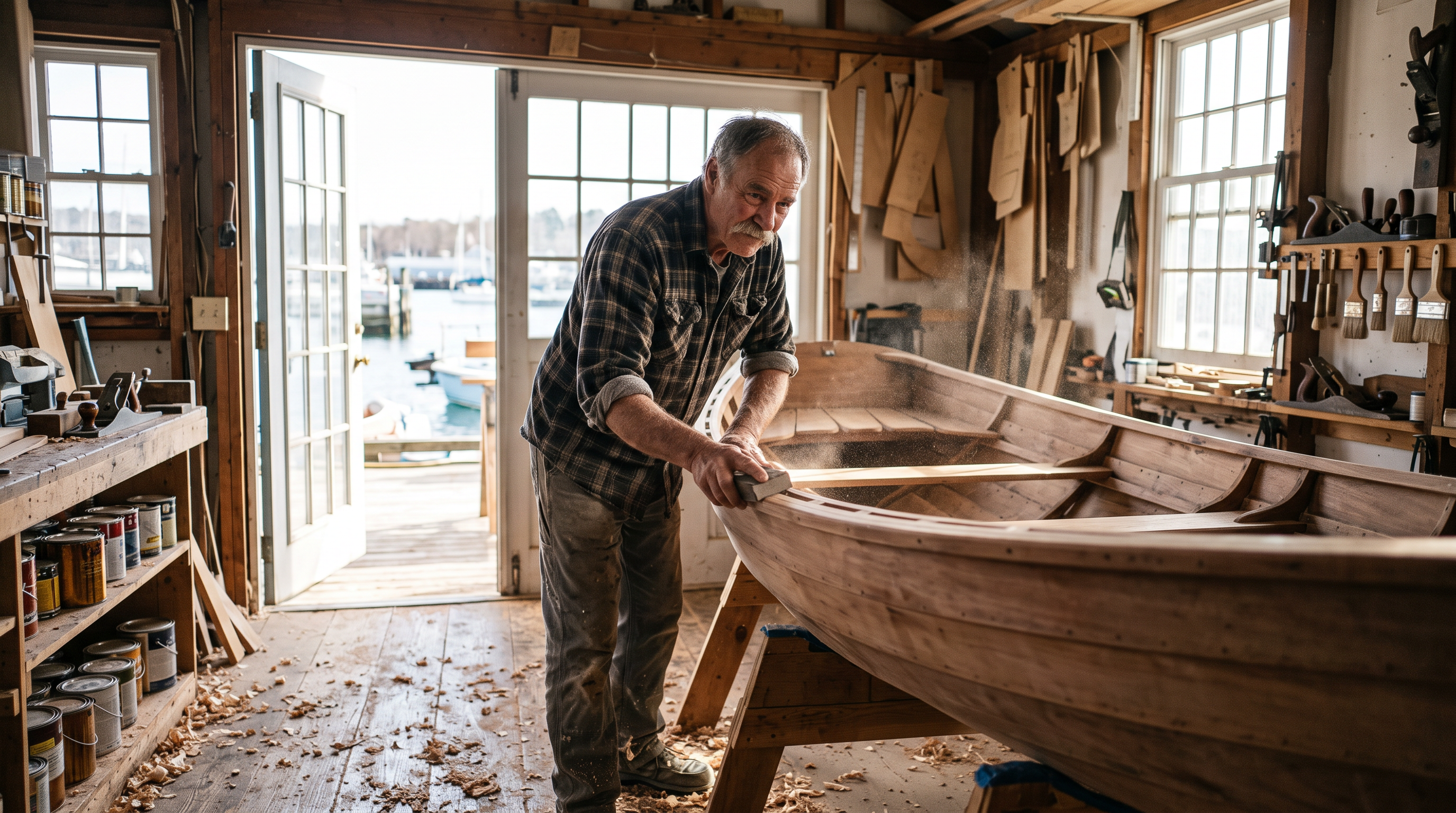 A boatbuilder in his sixties sands the hull of a wooden rowing boat in a sunlit workshop by the harbor