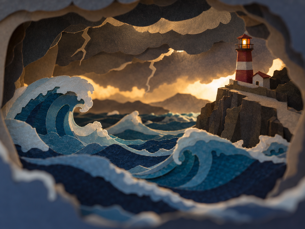 A layered paper cut diorama of curling blue waves around a red and white lighthouse on a cliff under storm clouds