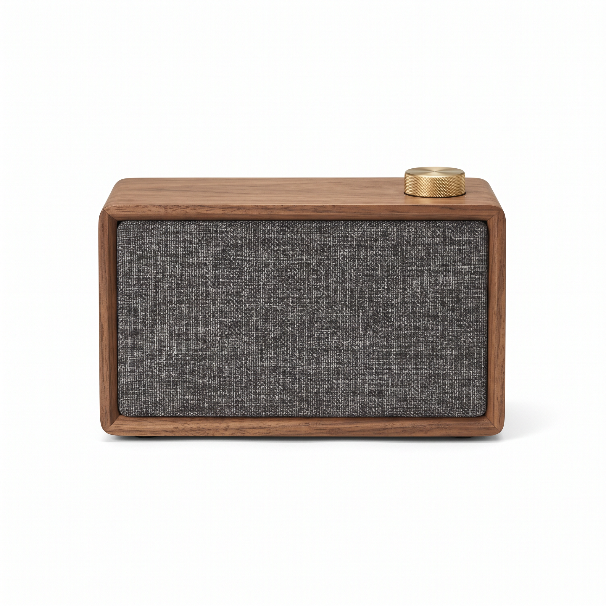 Step 1, Nano Banana 2.1: a walnut speaker with a charcoal grille and a brass dial on pure white