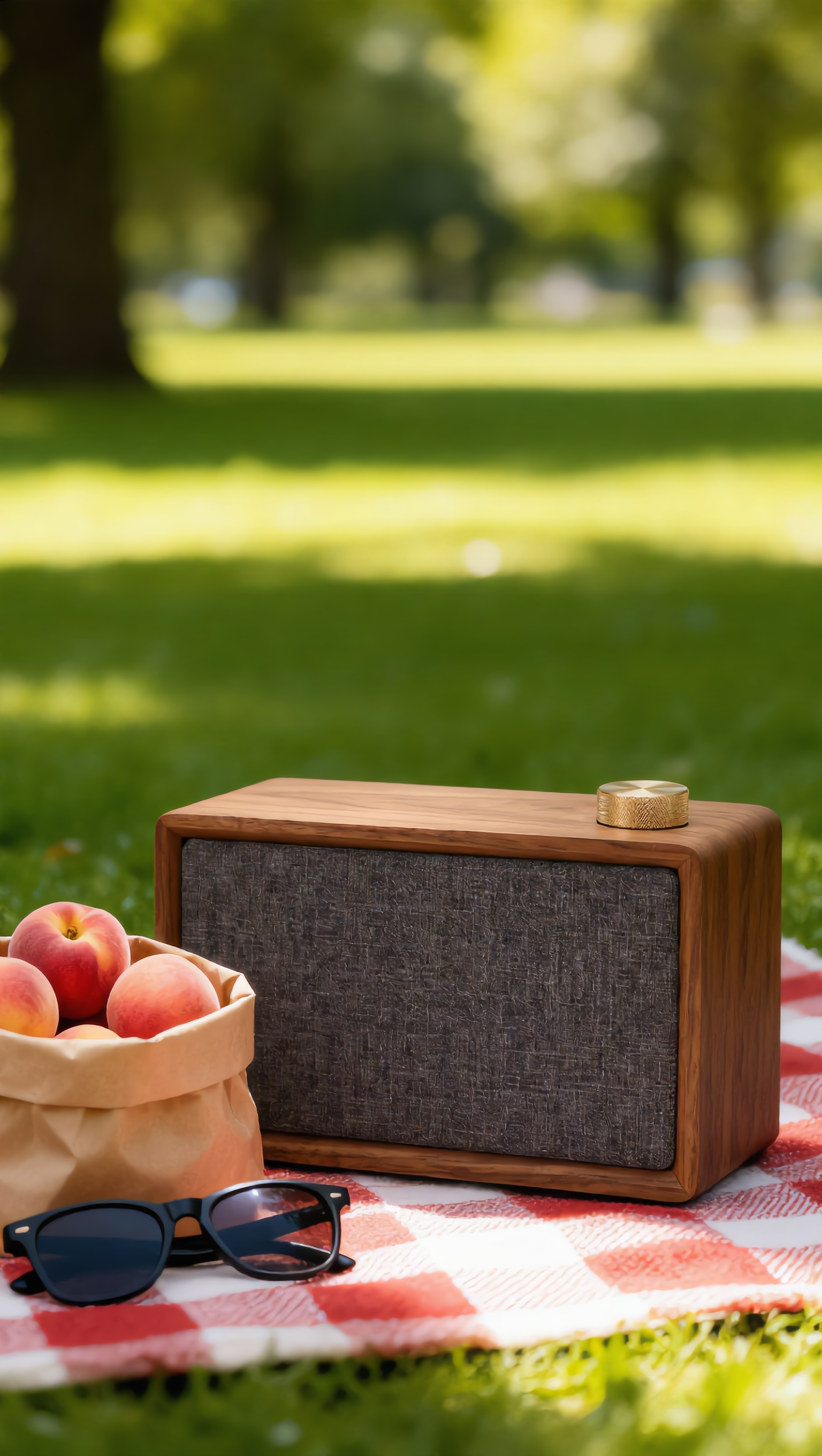 Step 3, Kling Image Edit: the same speaker on a red checked blanket in a park with peaches and sunglasses