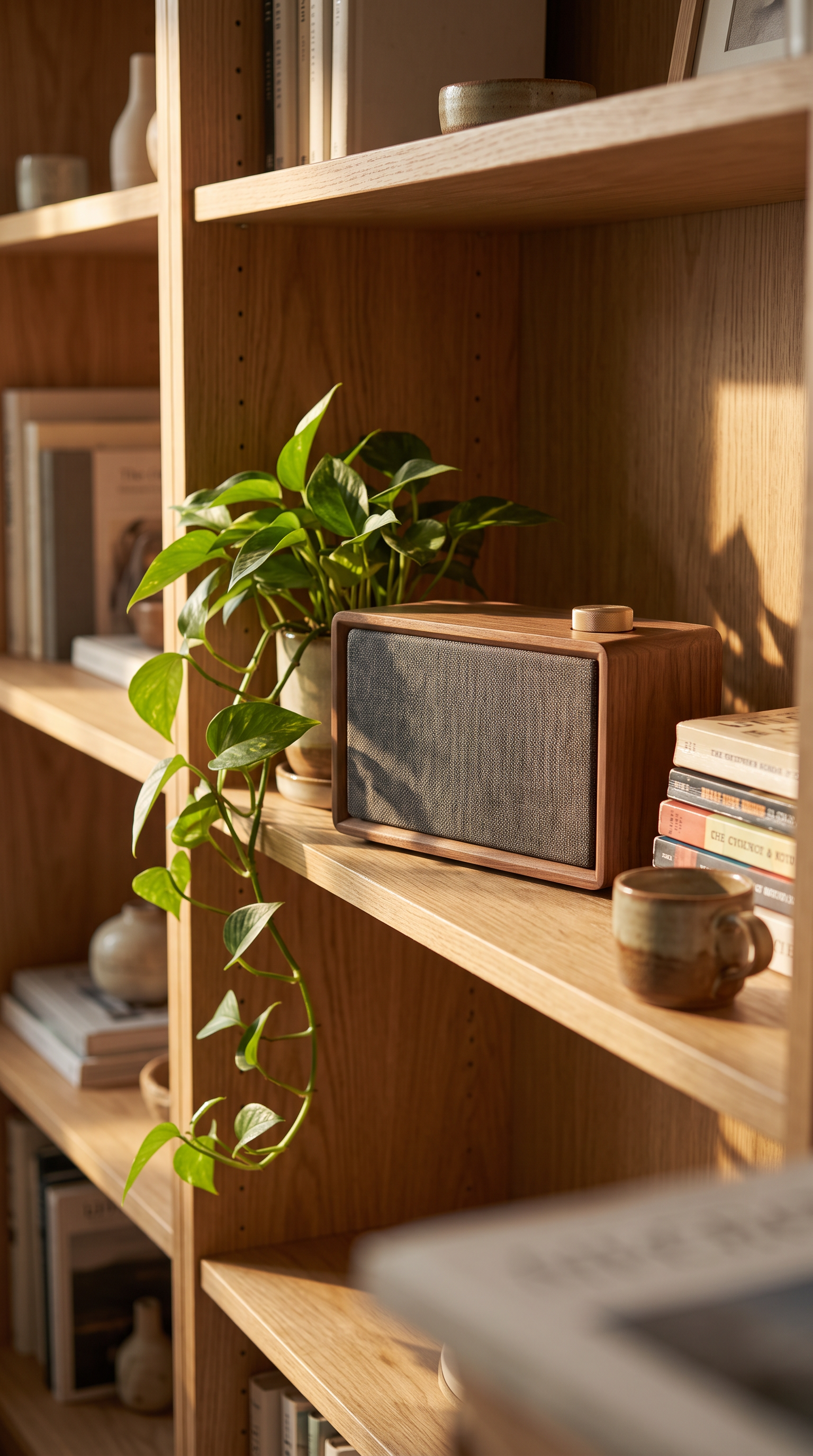 Step 2, Nano Banana 2.1: the same speaker on a sunlit oak bookshelf beside a pothos and a ceramic cup