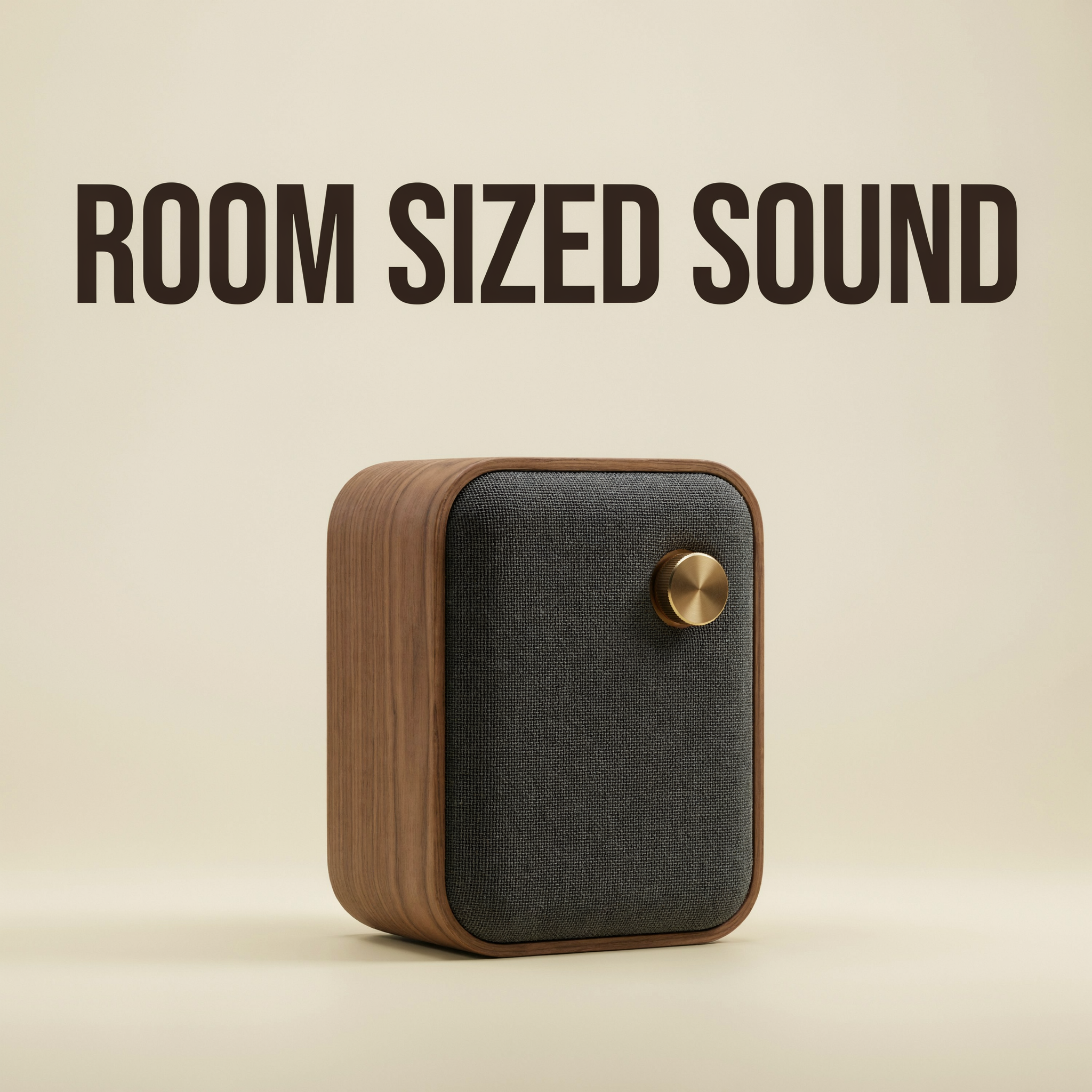 A square ad with the headline ROOM SIZED SOUND above an upright walnut speaker with a charcoal grille on a beige background